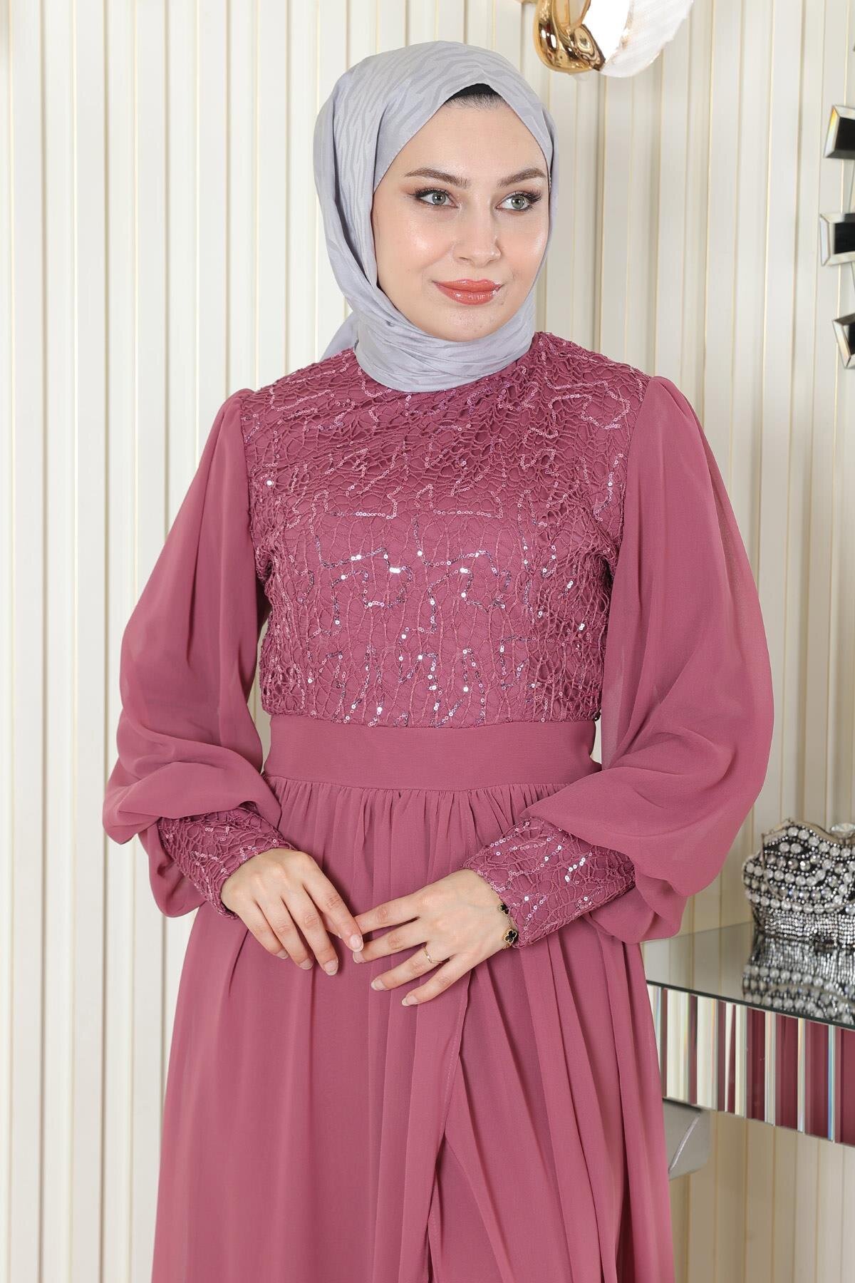 Modest Sequined Chiffon Evening Dress - Dusty Rose - Modamihram