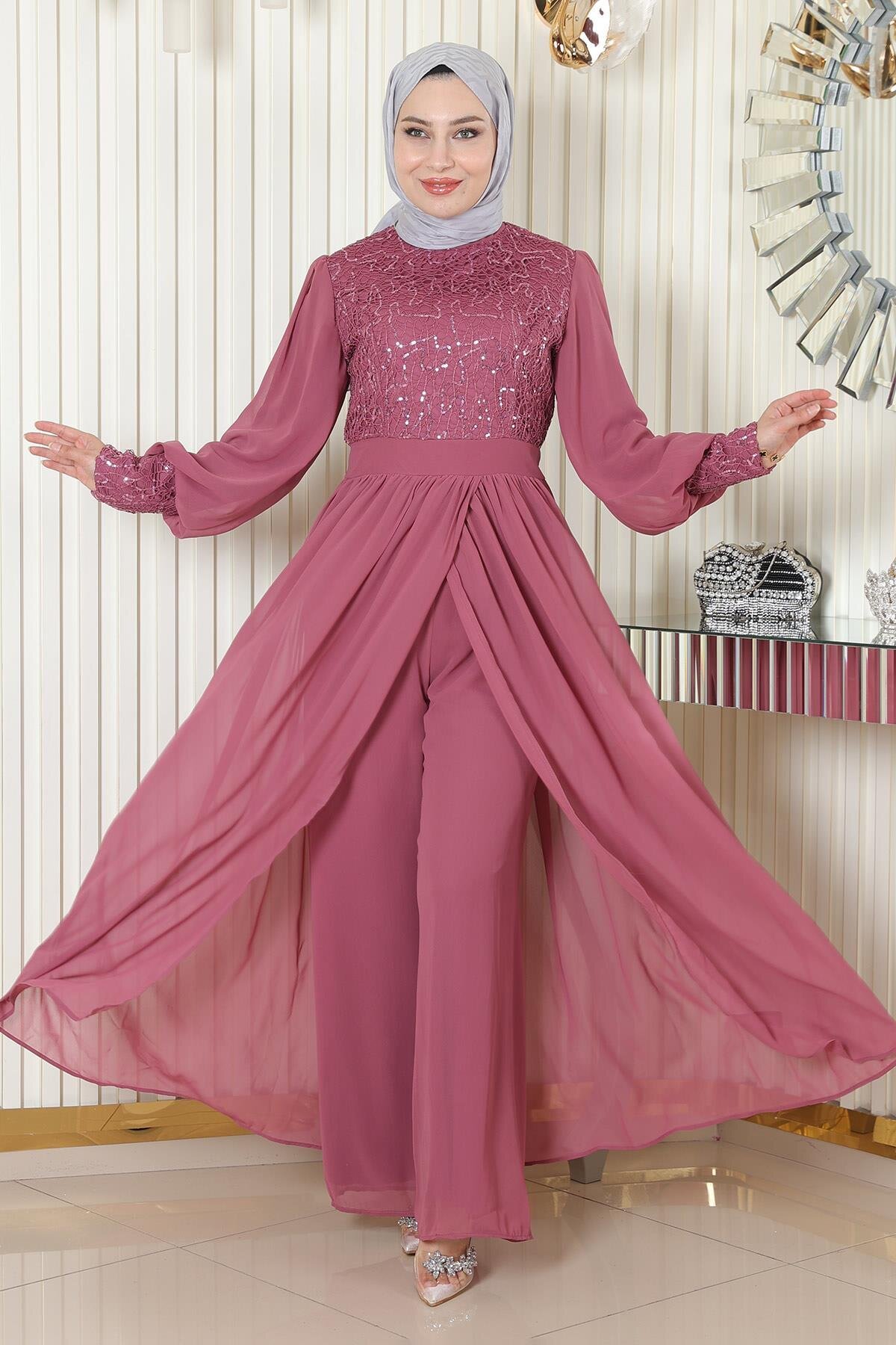 Modest Sequined Chiffon Evening Dress - Dusty Rose - Modamihram