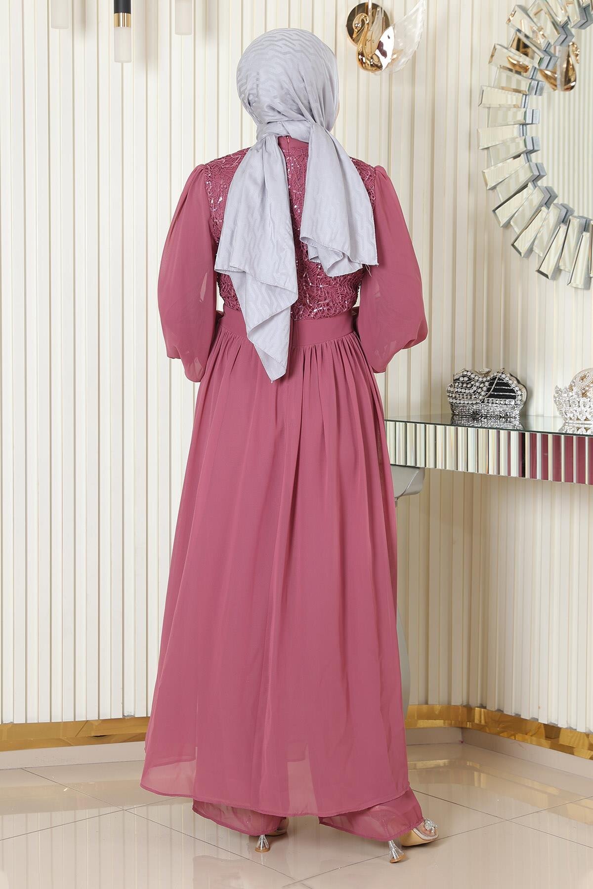 Modest Sequined Chiffon Evening Dress - Dusty Rose - Modamihram