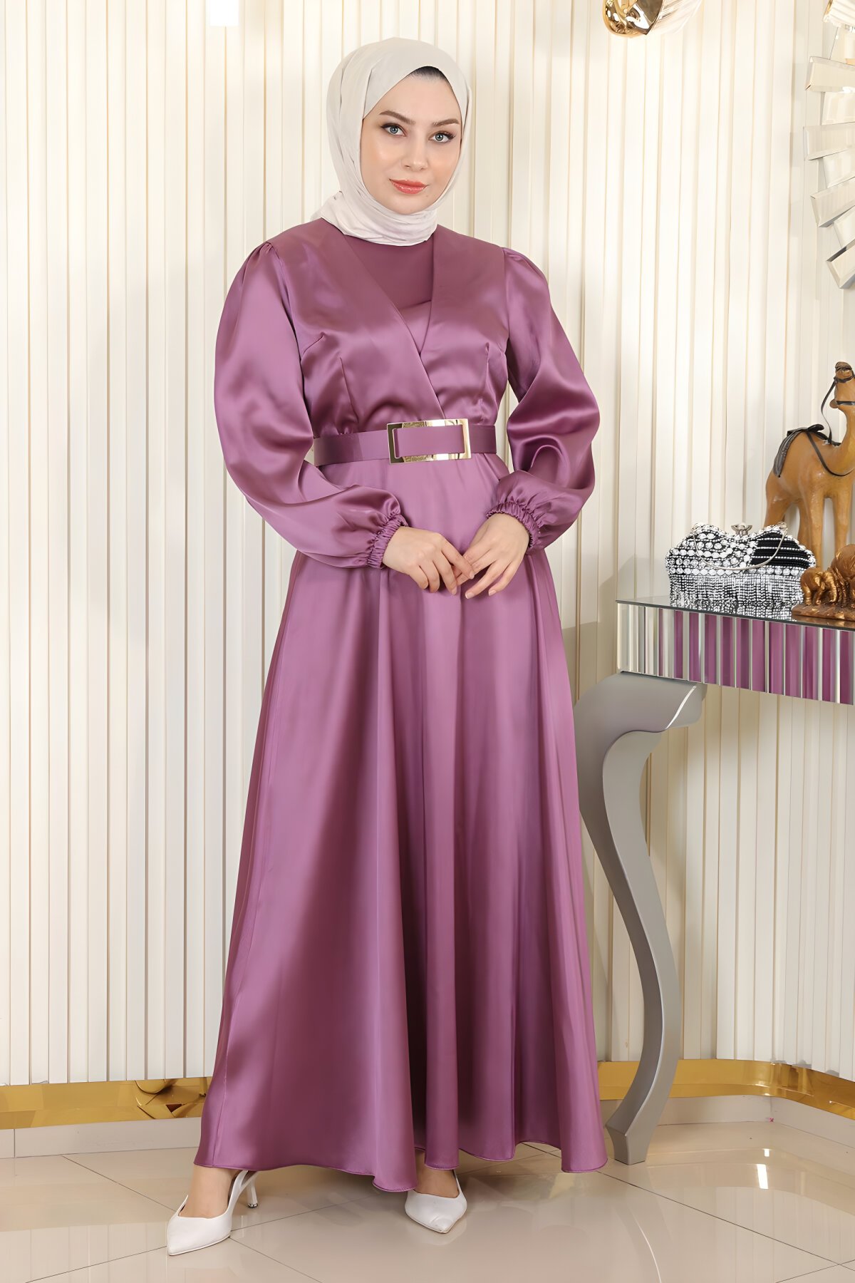Gül Kurusu Saten Kemerli Tesettür Abiye Elbise - Modamihram