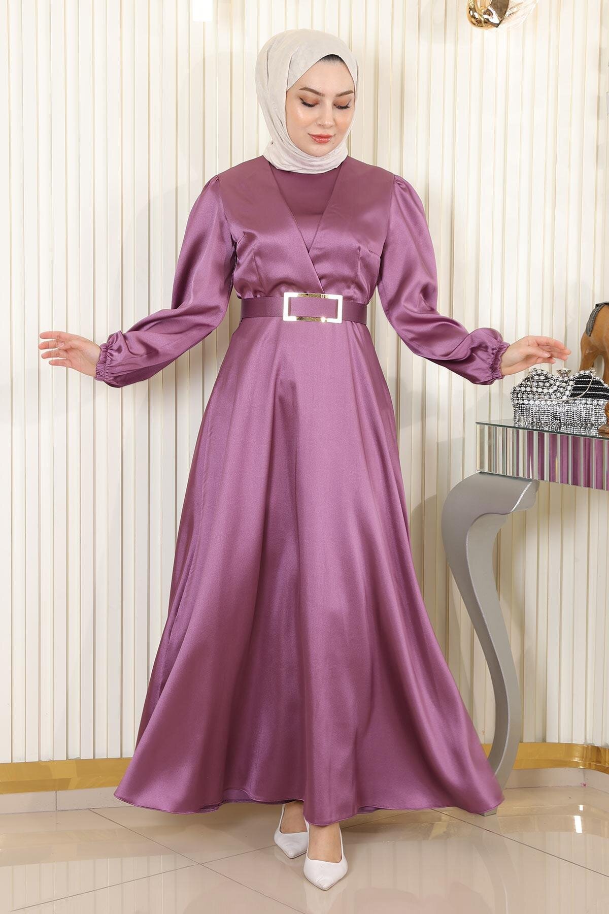 Modest Satin Belted Evening Dress - Dusty Rose - Modamihram