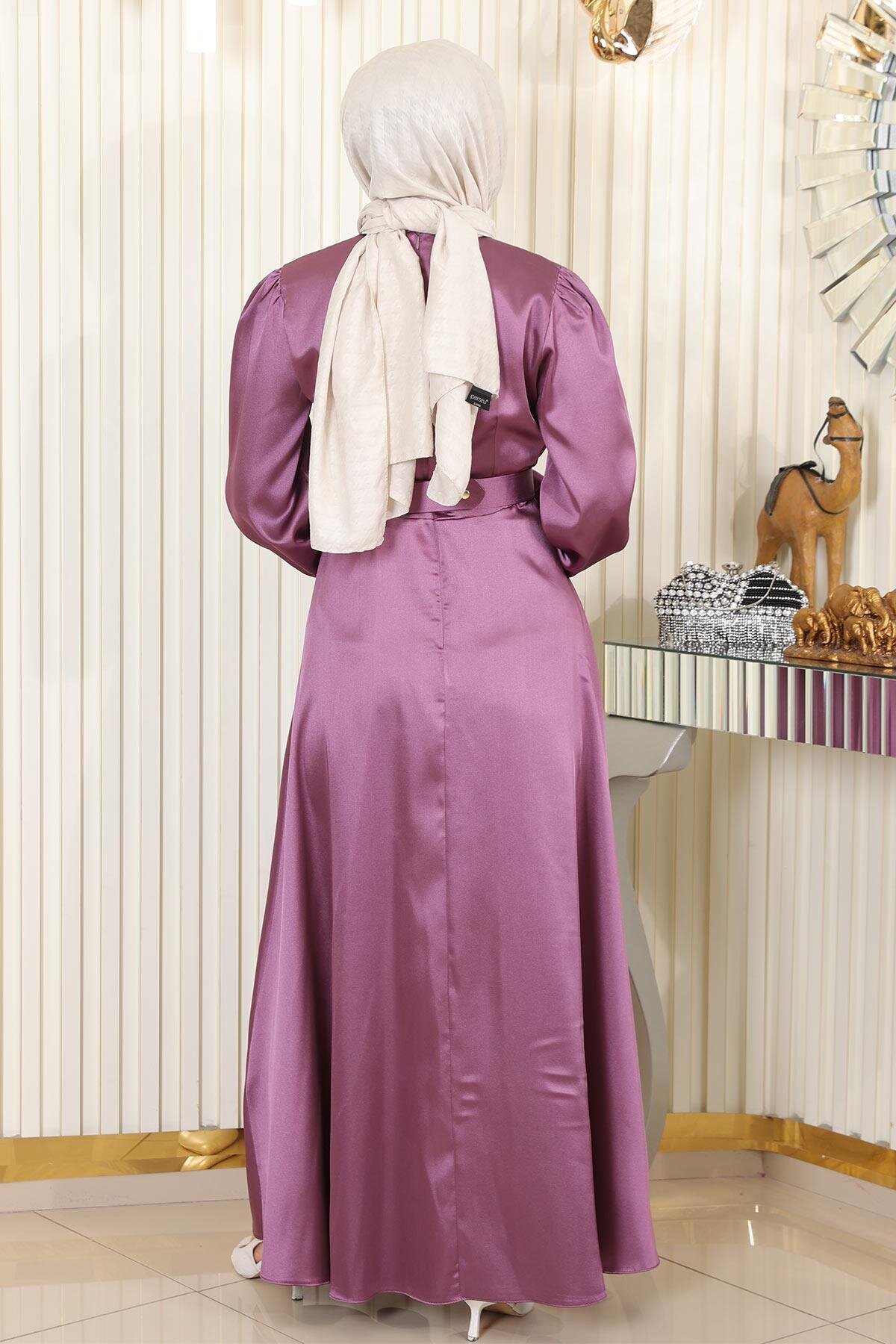 Modest Satin Belted Evening Dress - Dusty Rose - Modamihram