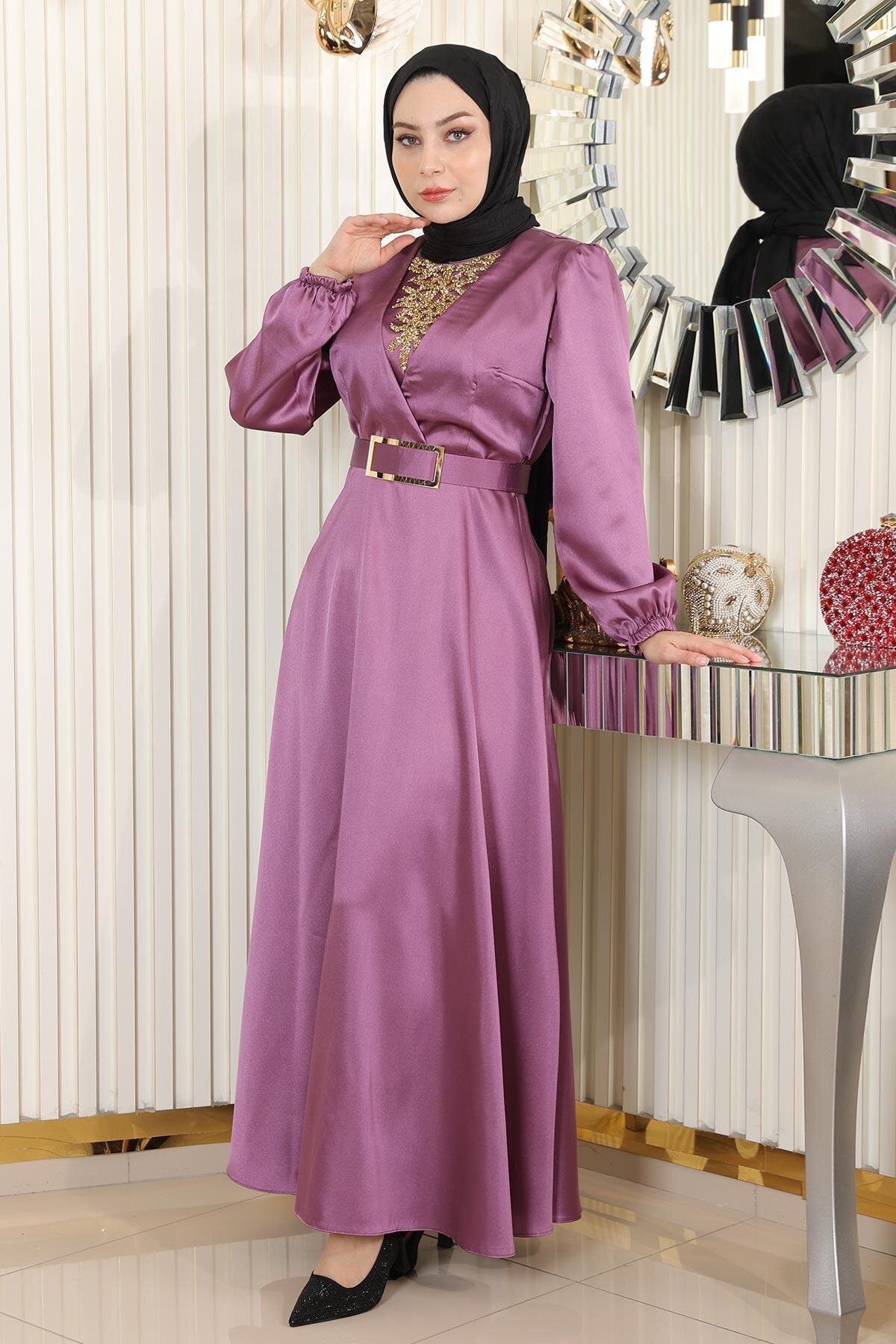 Modest Satin Stone Detail Evening Dress - Dusty Rose - Modamihram
