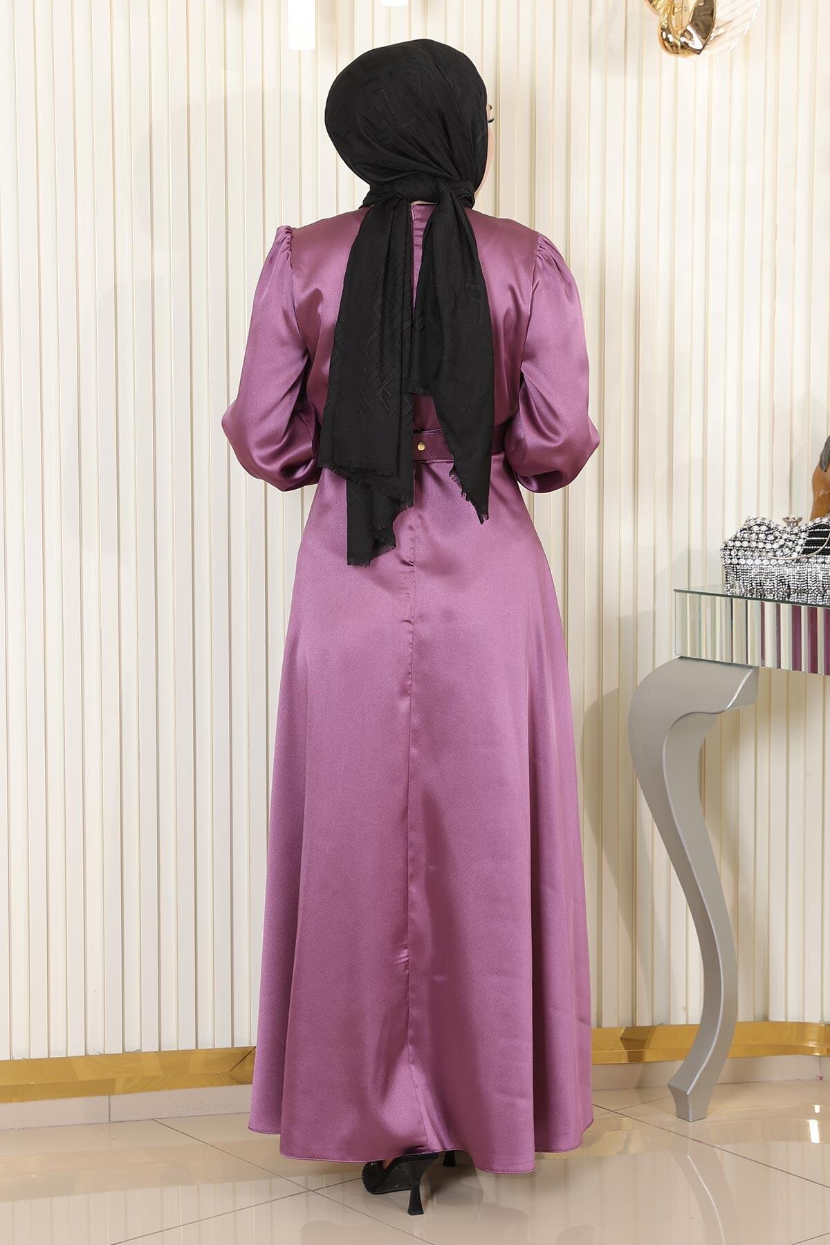 Modest Satin Stone Detail Evening Dress - Dusty Rose - Modamihram