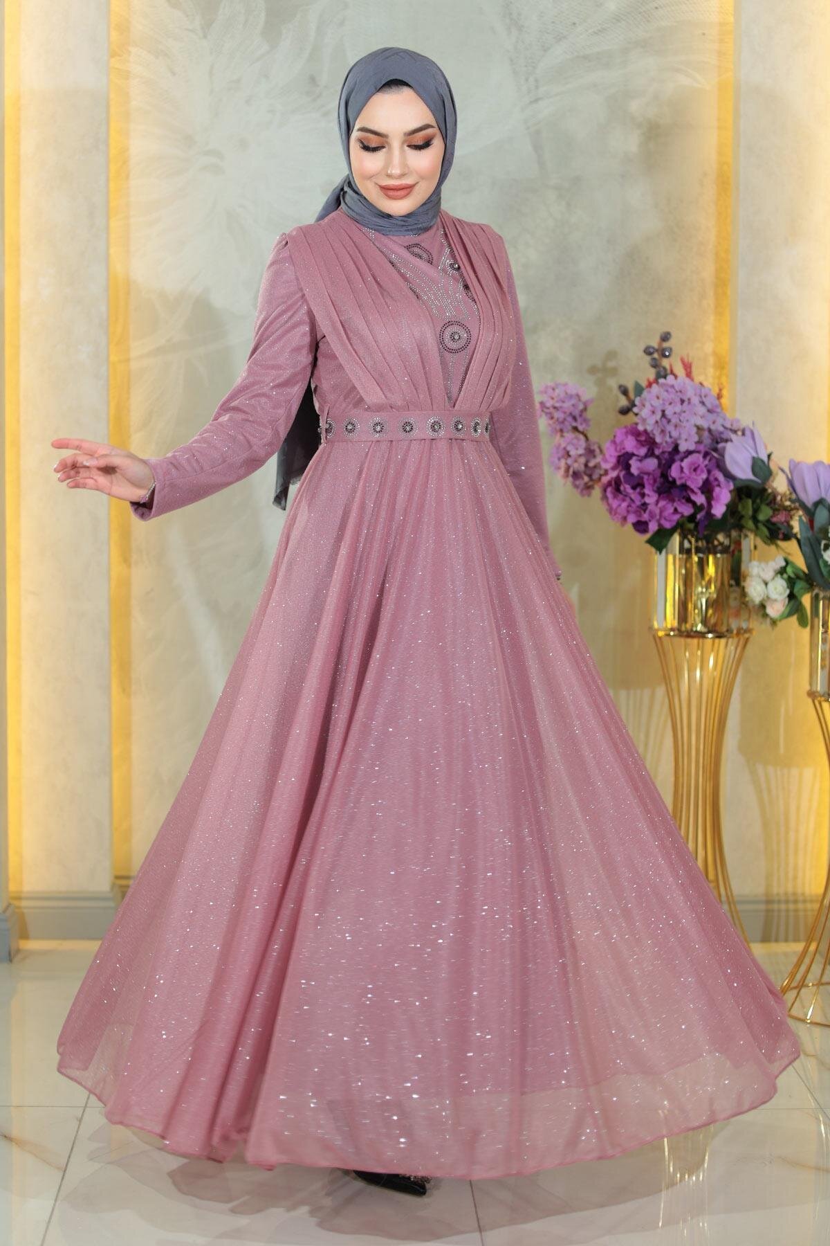 Draped Shimmering Chiffon Modest Evening Dress with Stone Detail - Dusty Rose - Modamihram