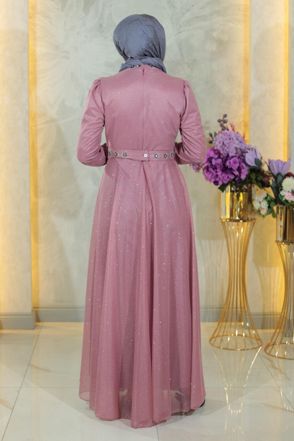 Draped Shimmering Chiffon Modest Evening Dress with Stone Detail - Dusty Rose - Modamihram