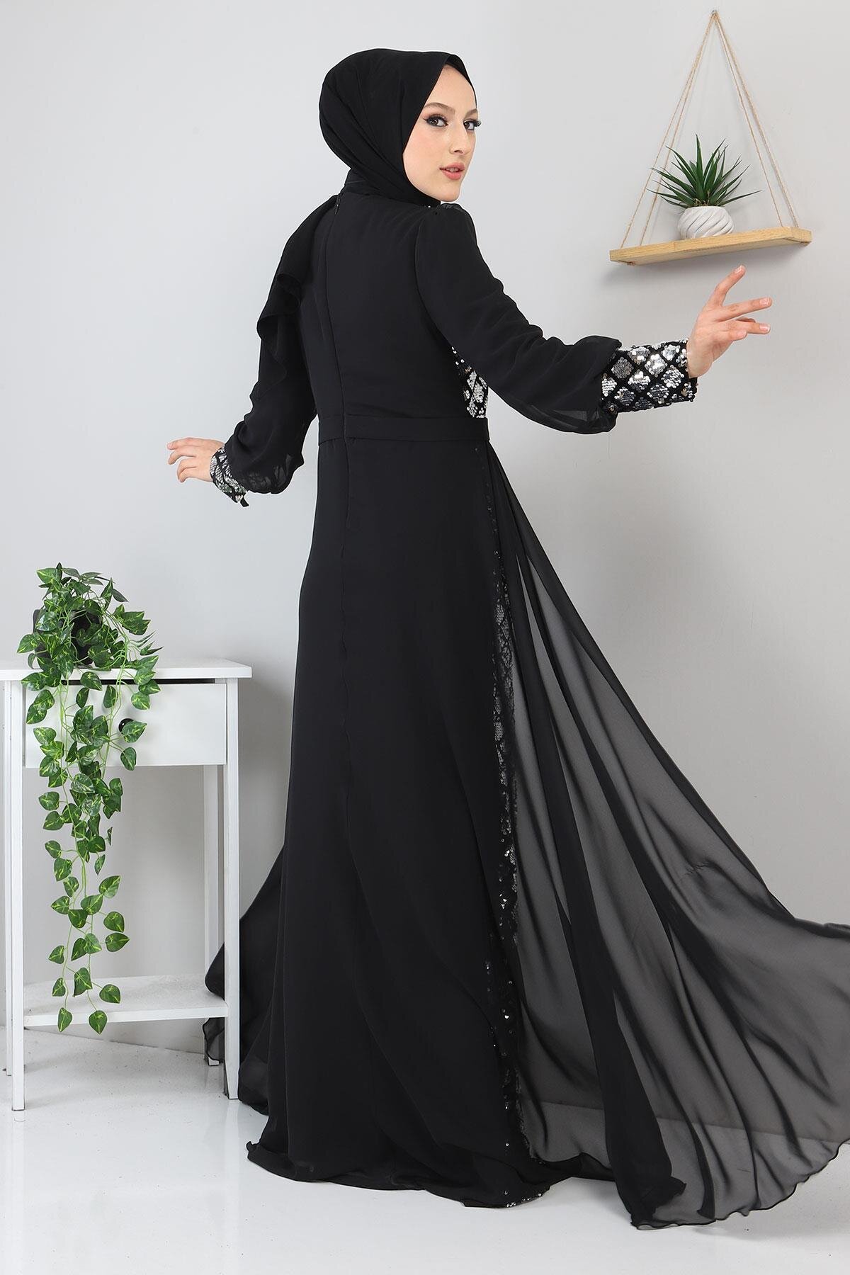 Modest Chiffon Sequined Evening Dress - Silver - Modamihram