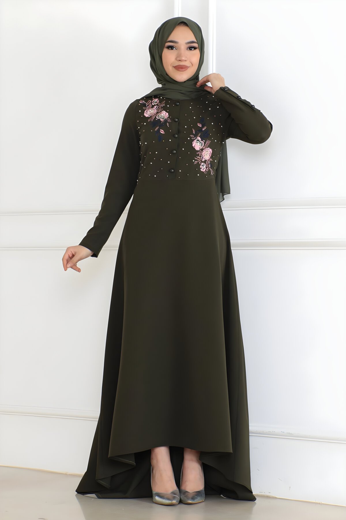Haki Abiye Nakış Detaylı Tesettür Elbise - Modamihram