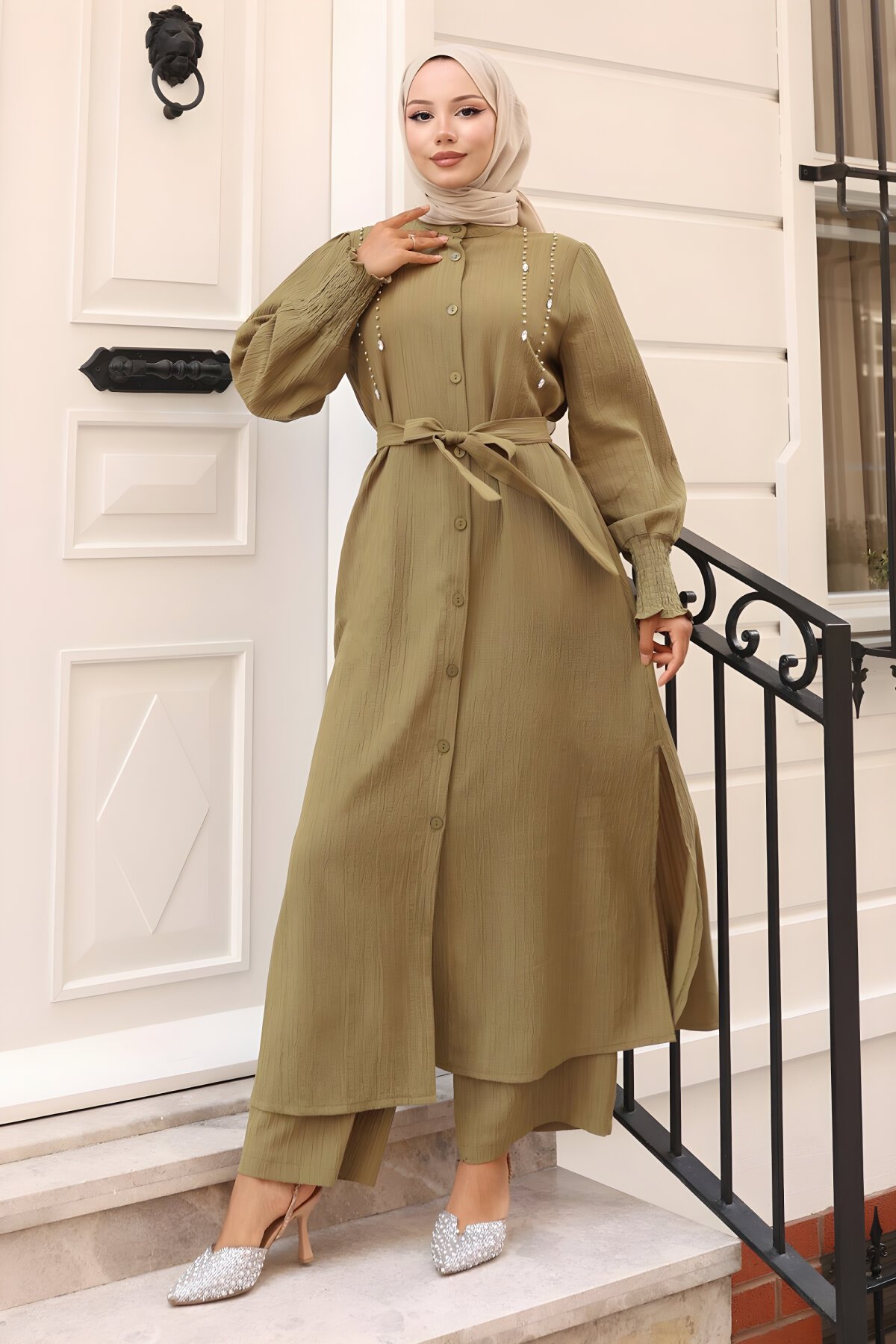 Haki İkili İnci Detaylı Tesettür Takım - Modamihram