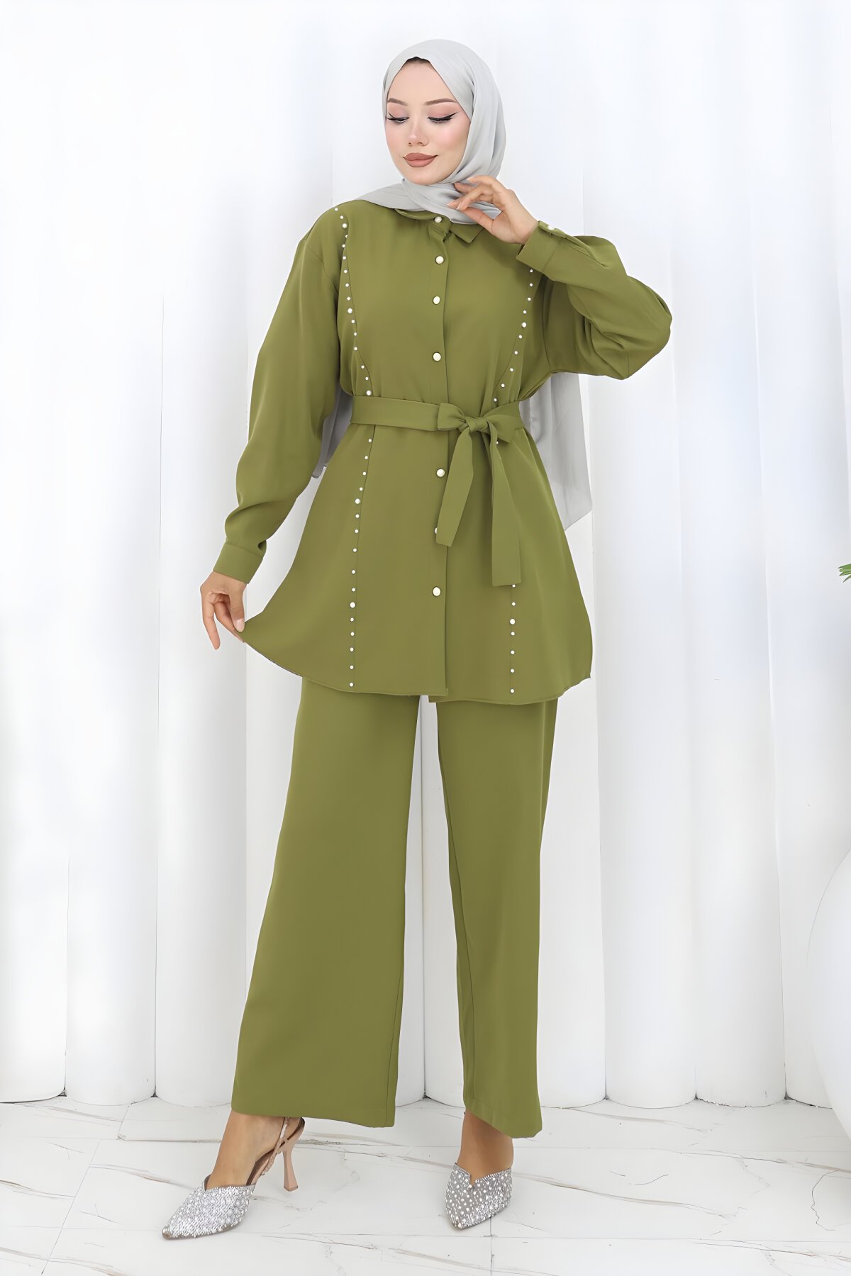 Haki İkili İncili Kuşaklı Takım - Modamihram