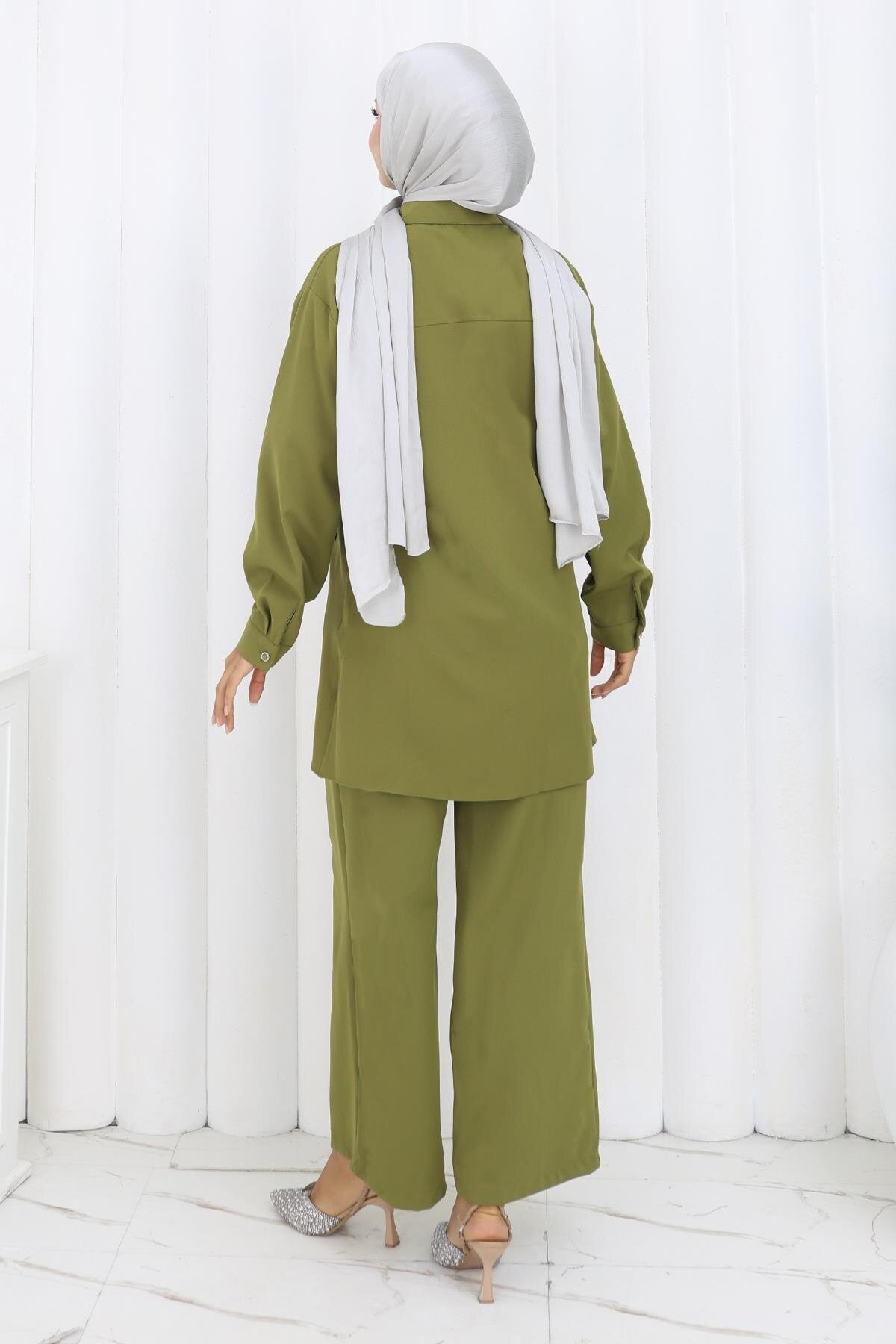 Haki İkili Minimal Taşlı Tesettür Takım - Modamihram