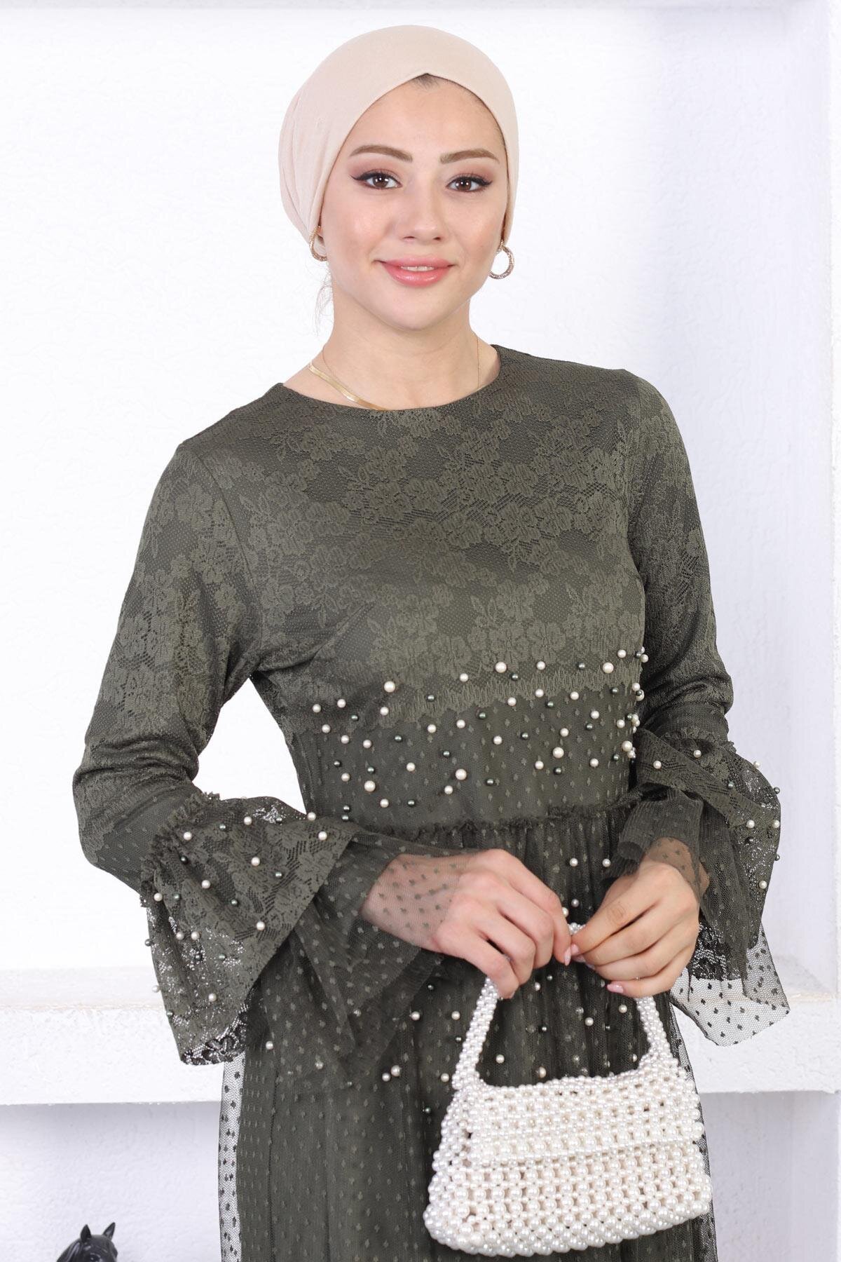 Modest Laced Pearled Ruffle Sleeve Evening Dress - Olive Green - Modamihram