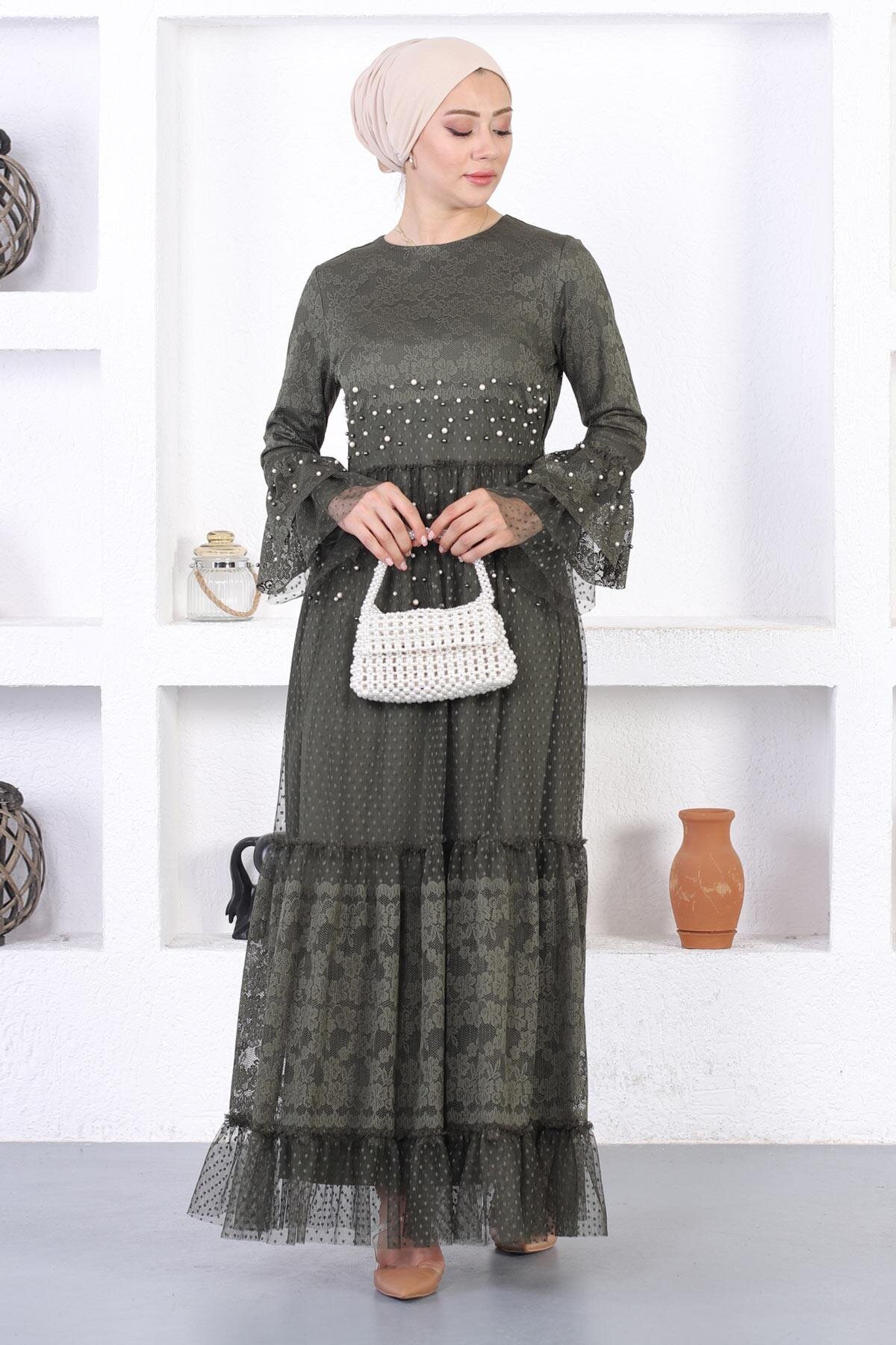 Modest Laced Pearled Ruffle Sleeve Evening Dress - Olive Green - Modamihram