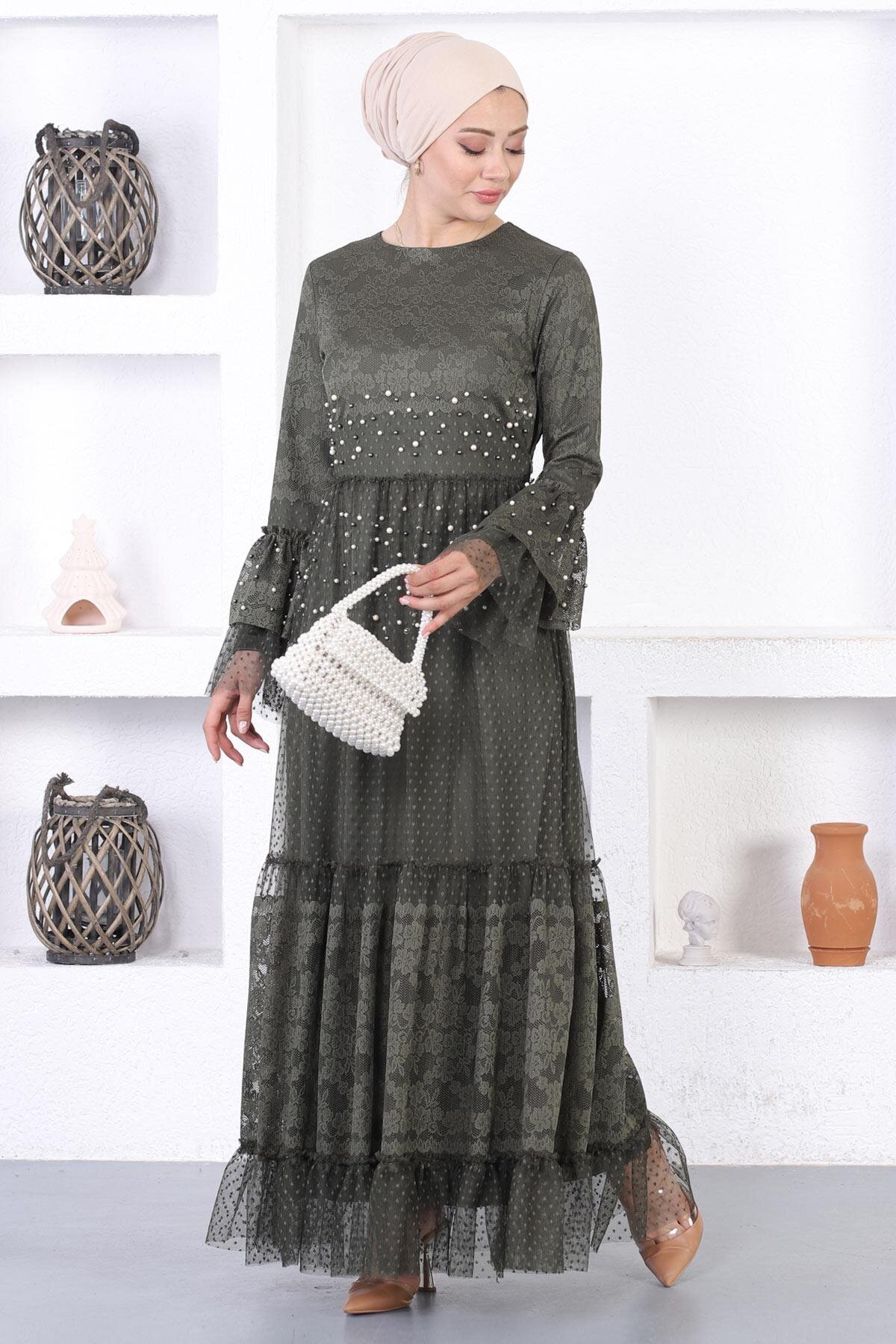 Modest Laced Pearled Ruffle Sleeve Evening Dress - Olive Green - Modamihram
