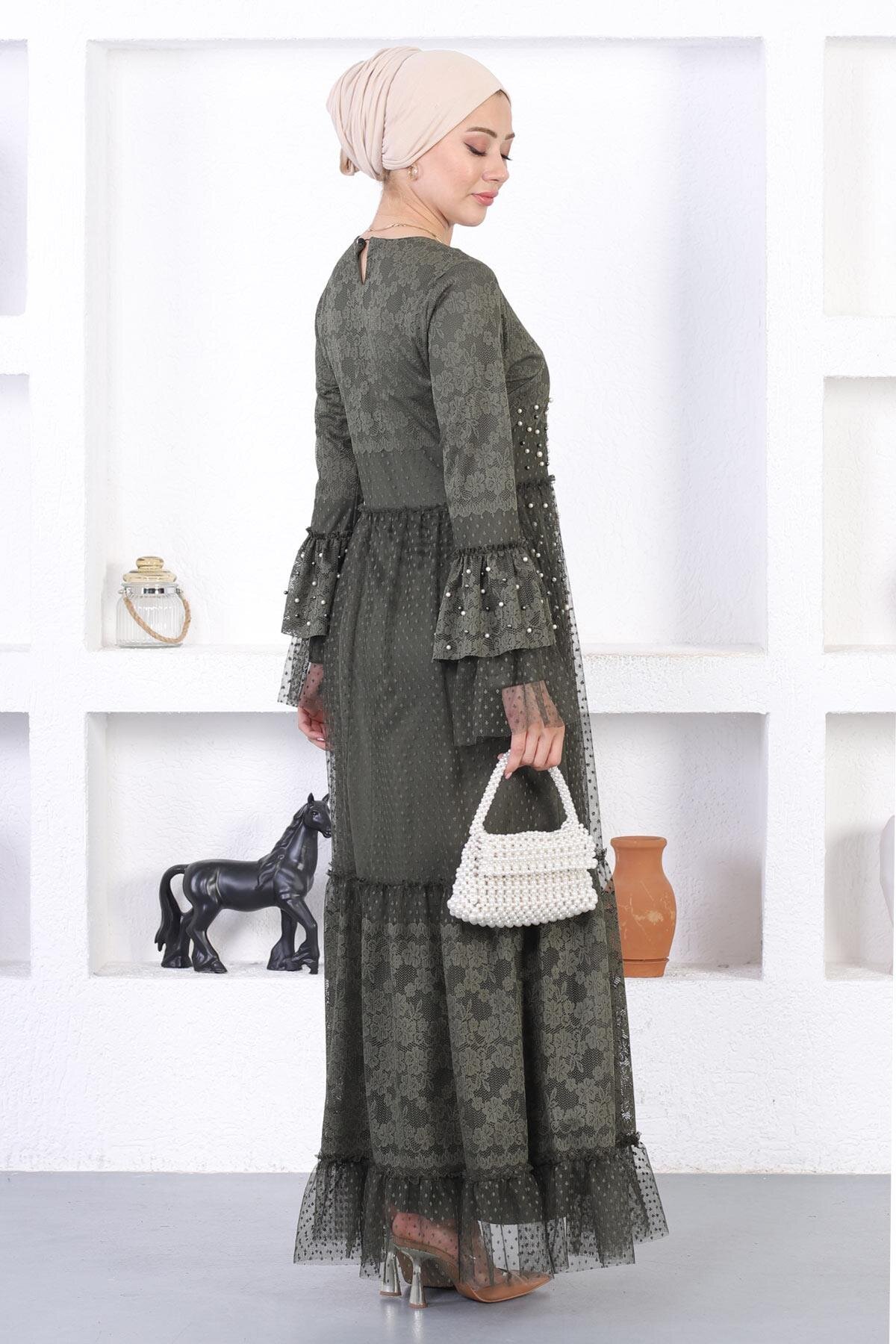 Modest Laced Pearled Ruffle Sleeve Evening Dress - Olive Green - Modamihram