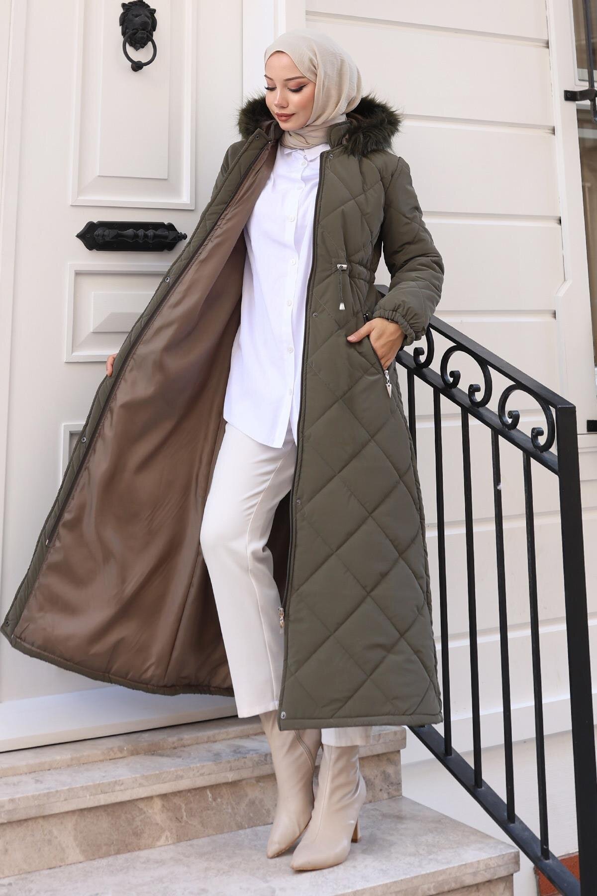 Quilted Hooded Zippered Coat - Khaki - Modamihram