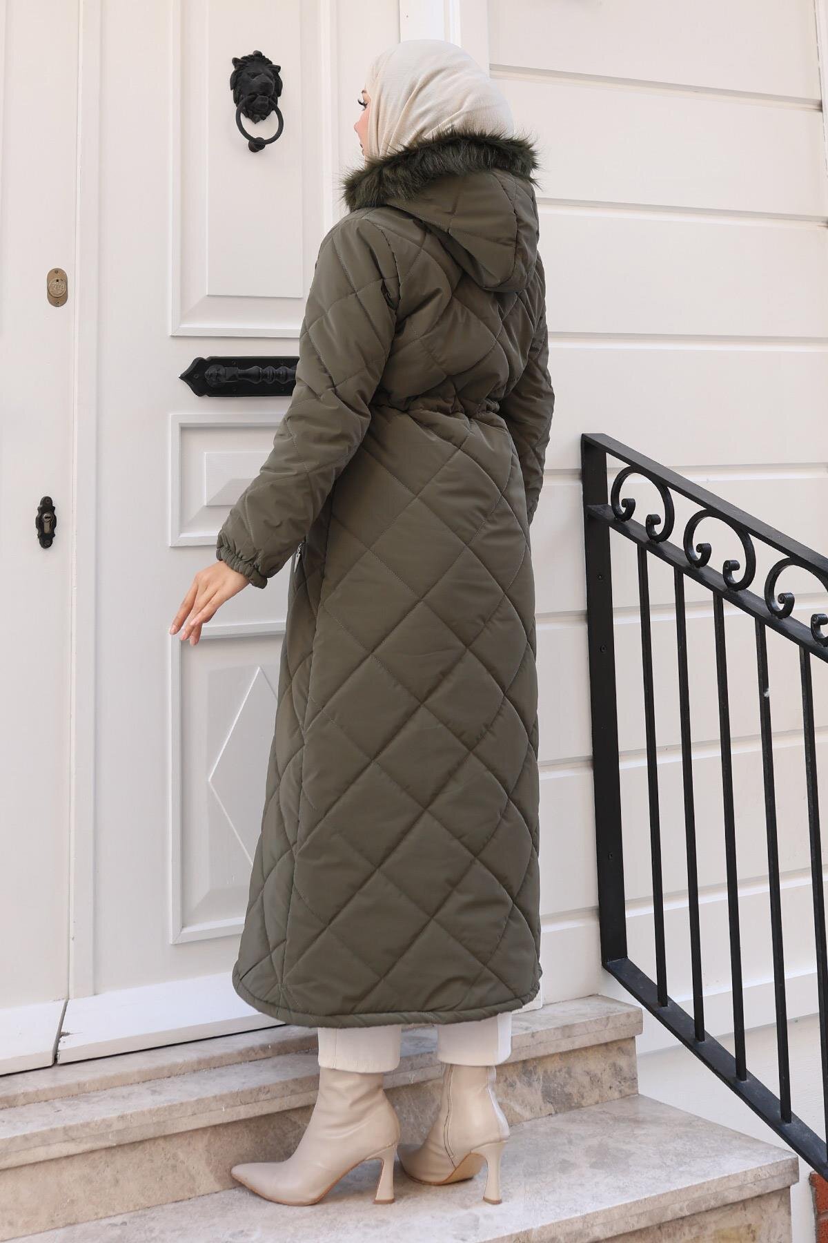 Quilted Hooded Zippered Coat - Khaki - Modamihram