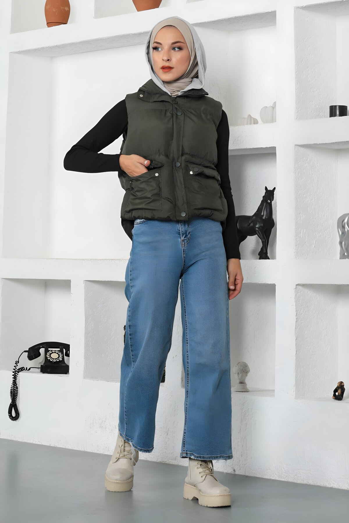 Haki Şişme Kapüşonlu Yelek - Modamihram