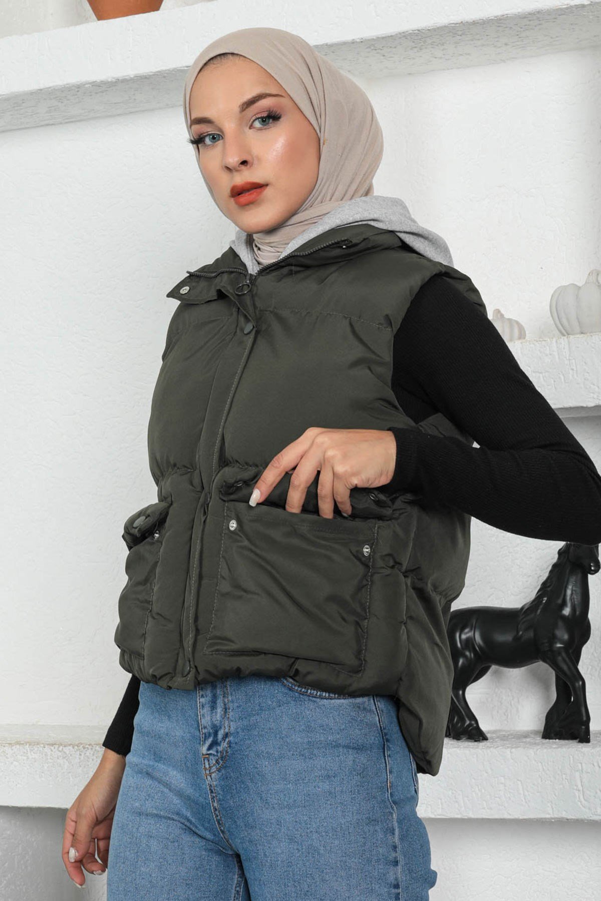 Padded Hooded Vest - Khaki - Modamihram
