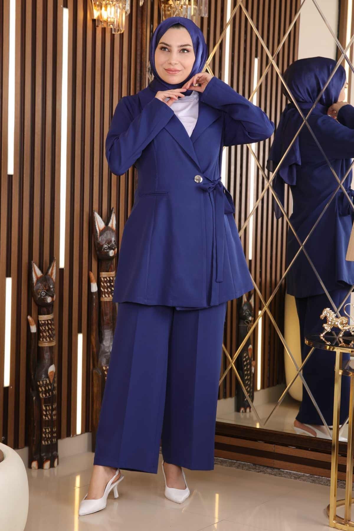 Two-Piece Belt-Detail Modest Set - Indigo - Modamihram
