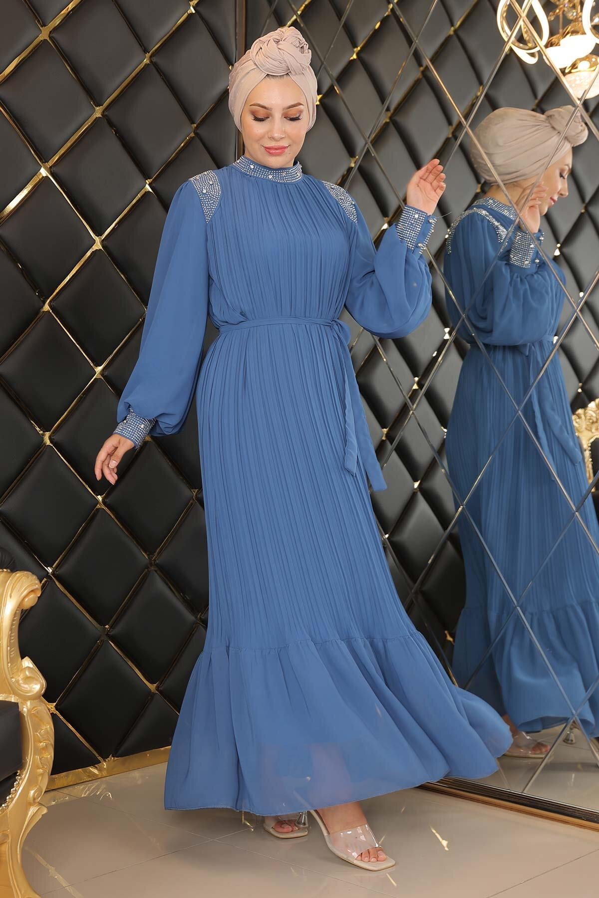 Pleated Chiffon Stone-Embellished Modest Evening Dress - Indigo - Modamihram