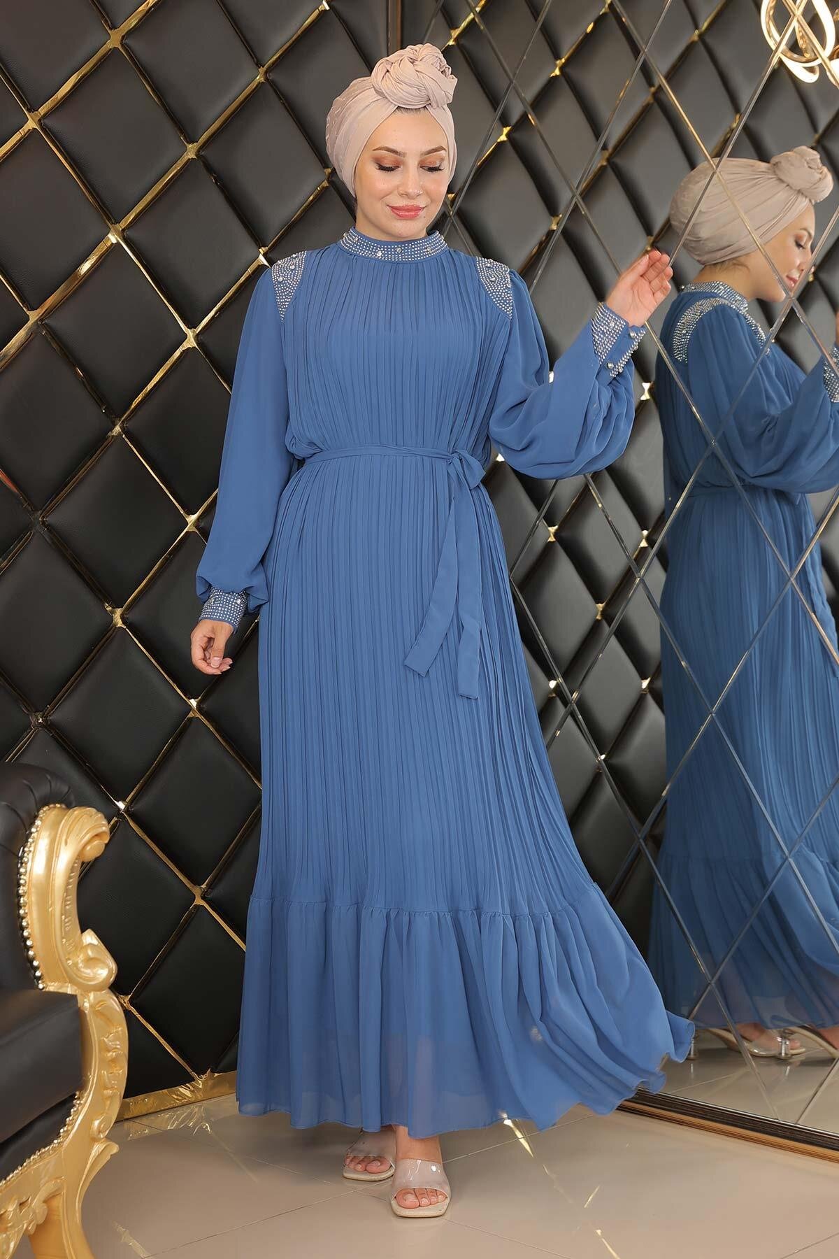 Pleated Chiffon Stone-Embellished Modest Evening Dress - Indigo - Modamihram