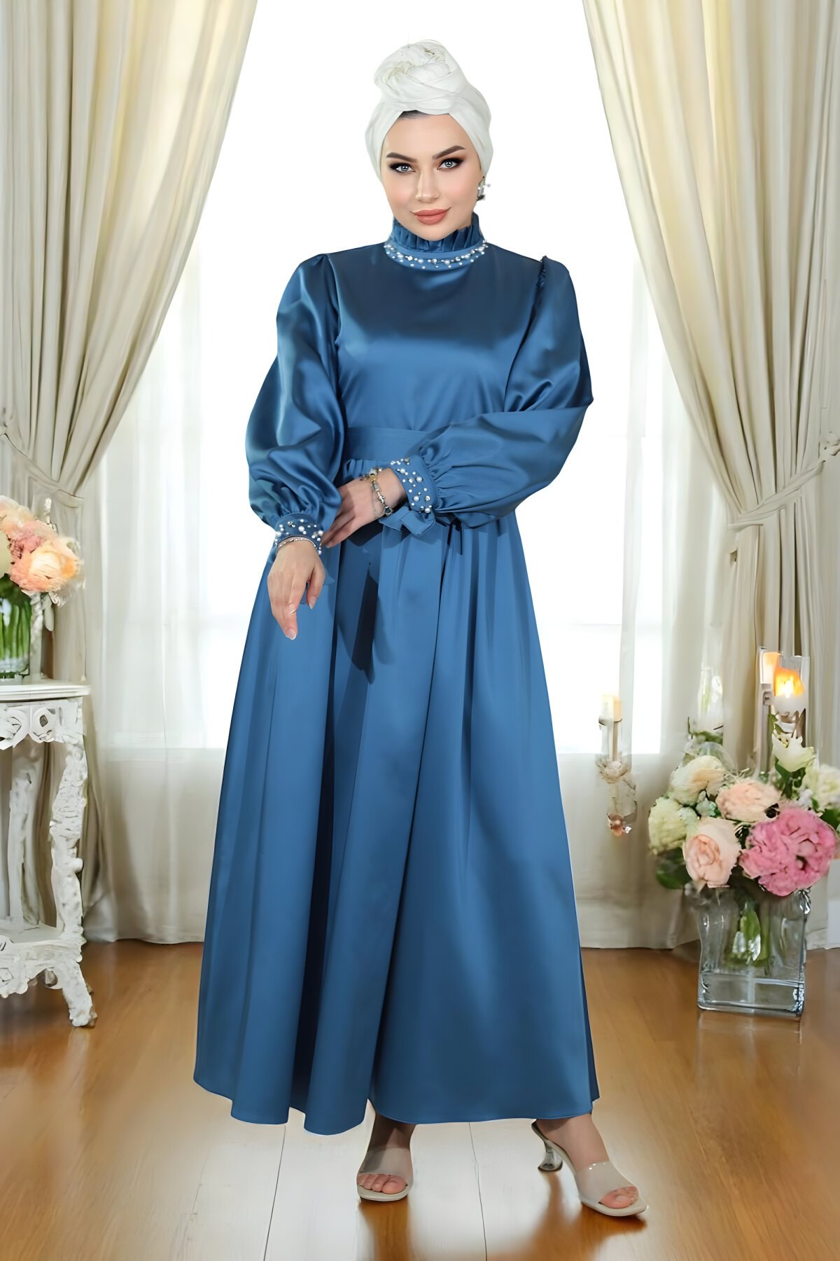Modest Satin Pearl-Embellished Evening Dress - Indigo - Modamihram