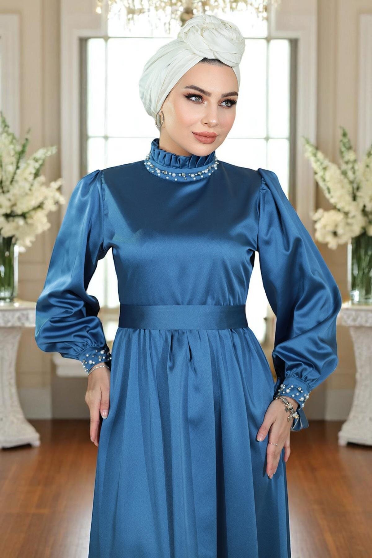 Modest Satin Pearl-Embellished Evening Dress - Indigo - Modamihram
