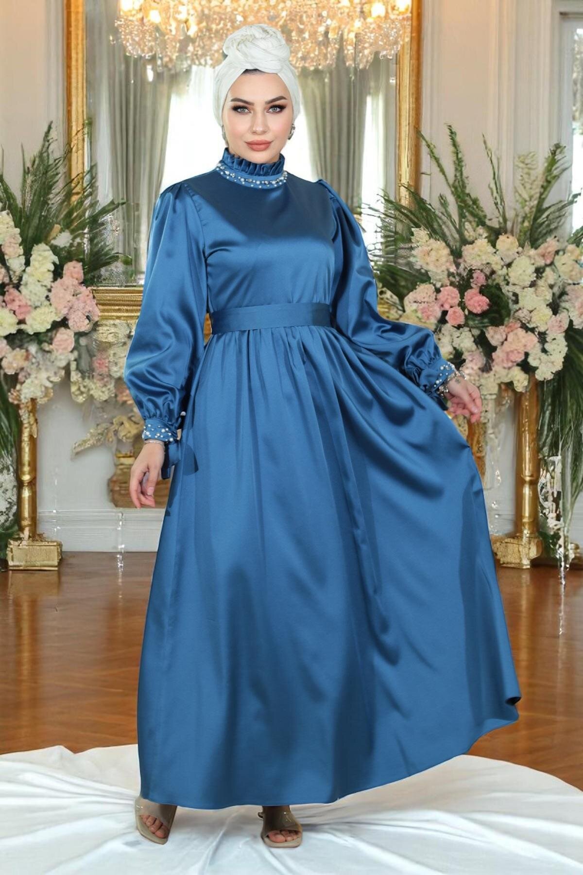 Modest Satin Pearl-Embellished Evening Dress - Indigo - Modamihram