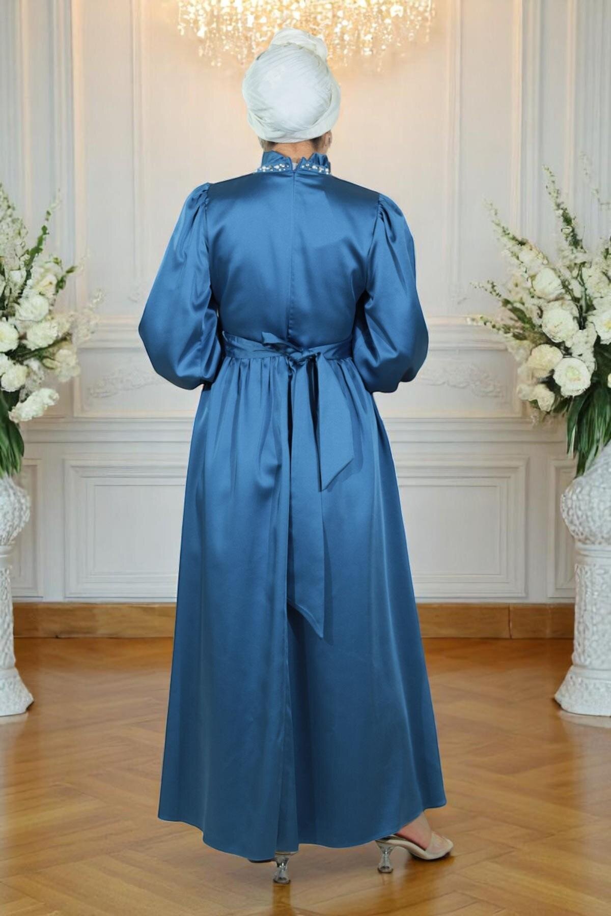 Modest Satin Pearl-Embellished Evening Dress - Indigo - Modamihram