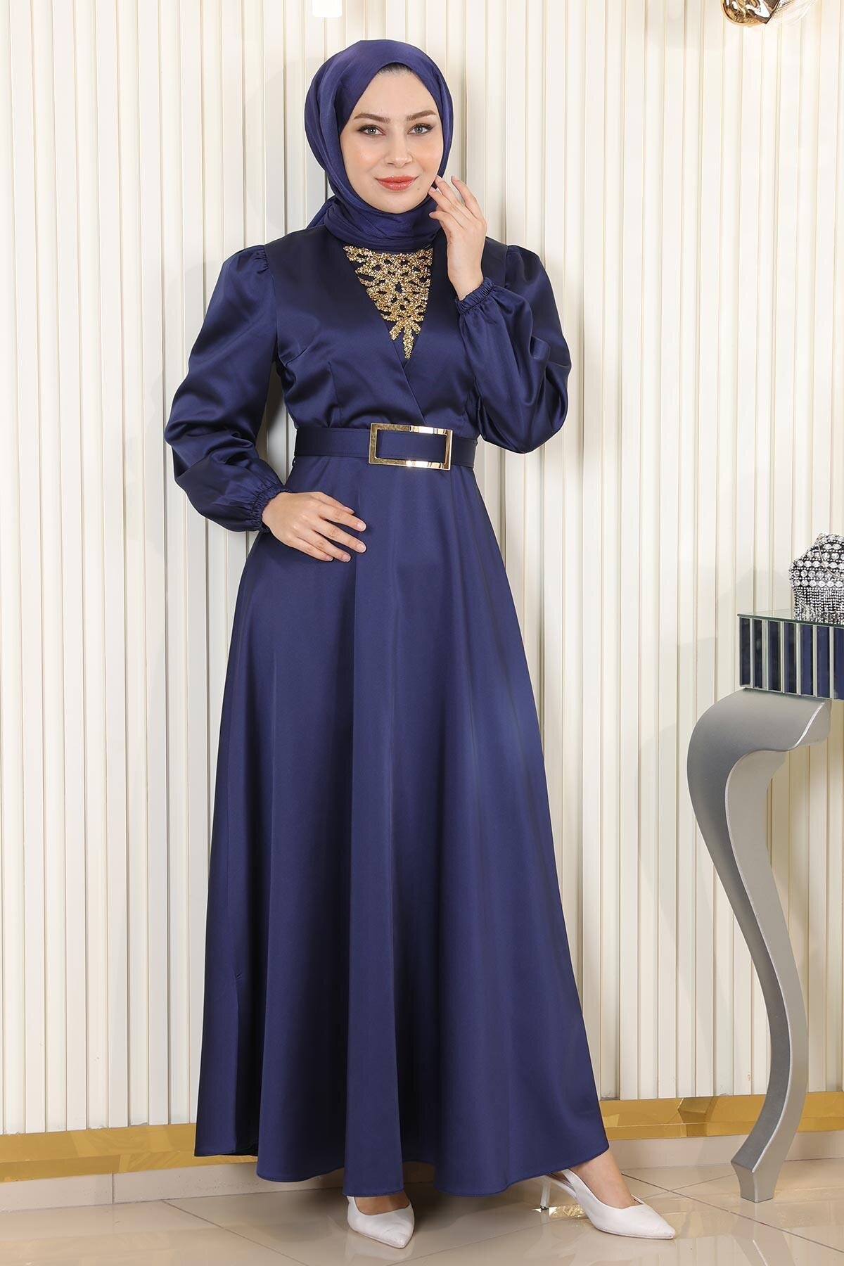 Modest Satin Stone-Detail Evening Dress - Indigo - Modamihram