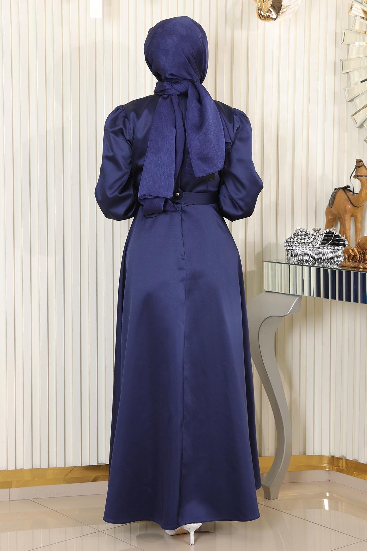 Modest Satin Stone-Detail Evening Dress - Indigo - Modamihram
