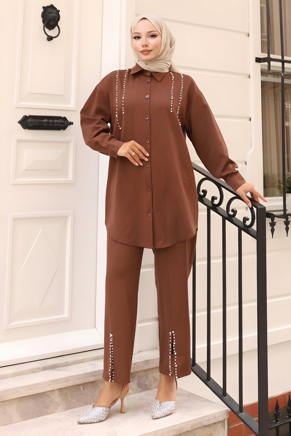 Two-Piece Pearl Detailed Modest Set - Brown - Modamihram