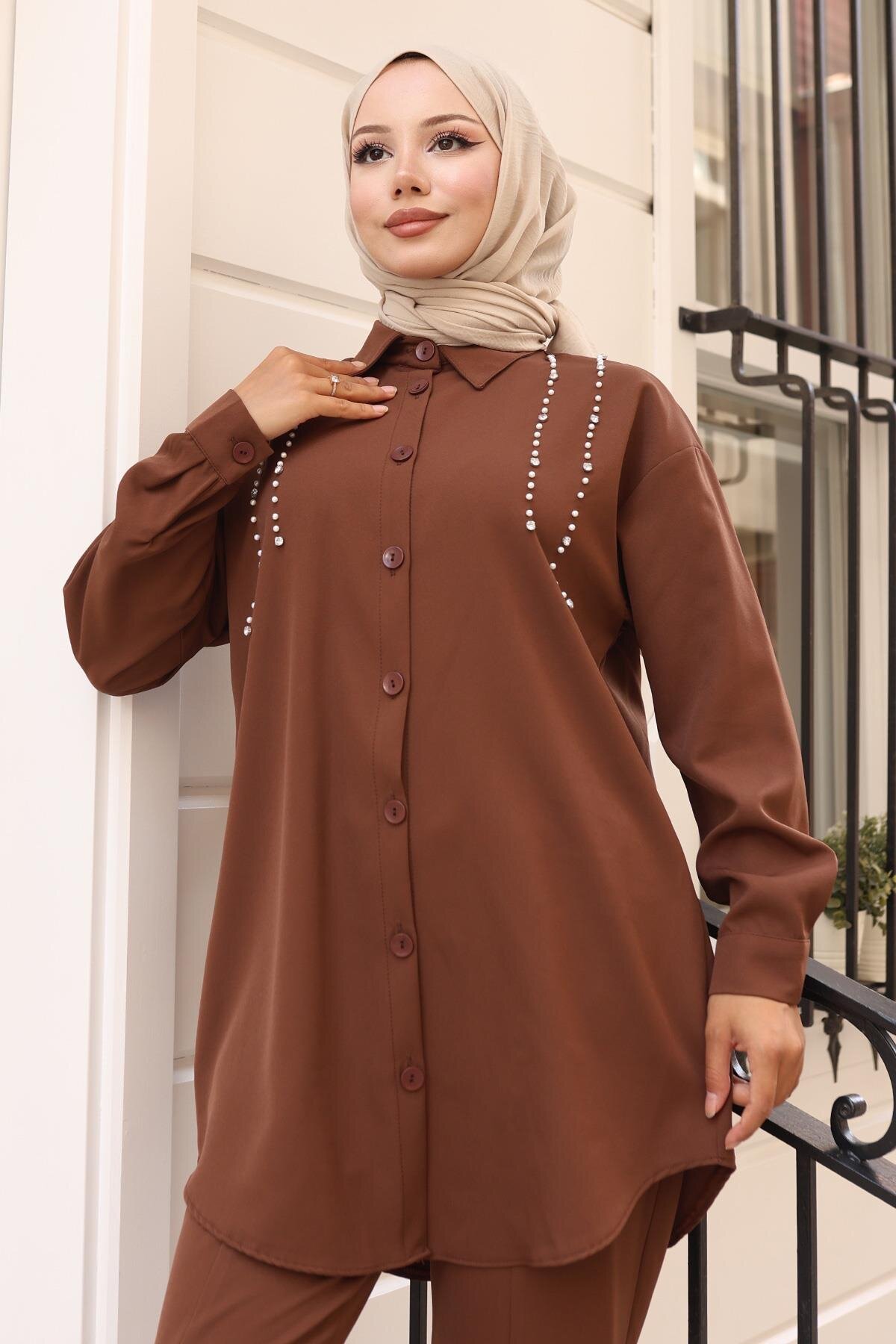 Two-Piece Pearl Detailed Modest Set - Brown - Modamihram