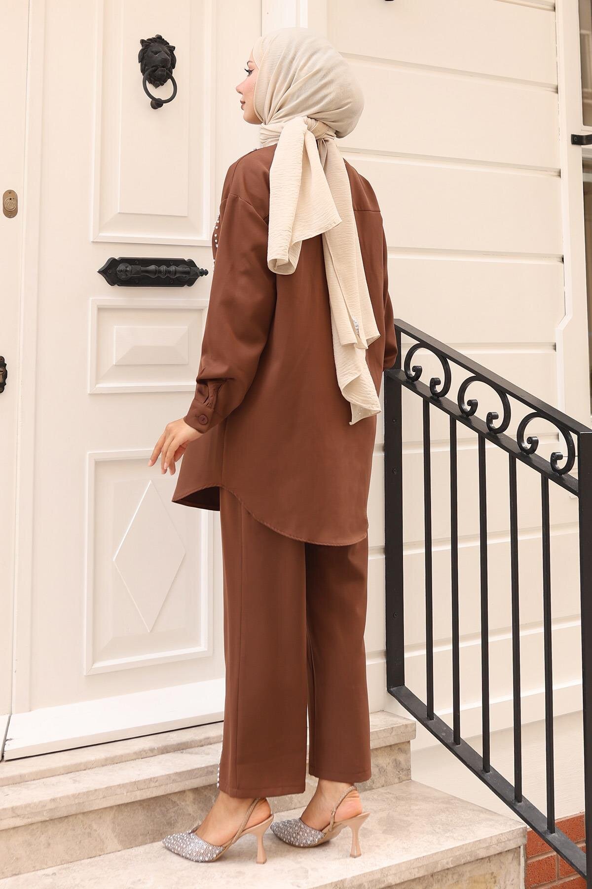 Two-Piece Pearl Detailed Modest Set - Brown - Modamihram
