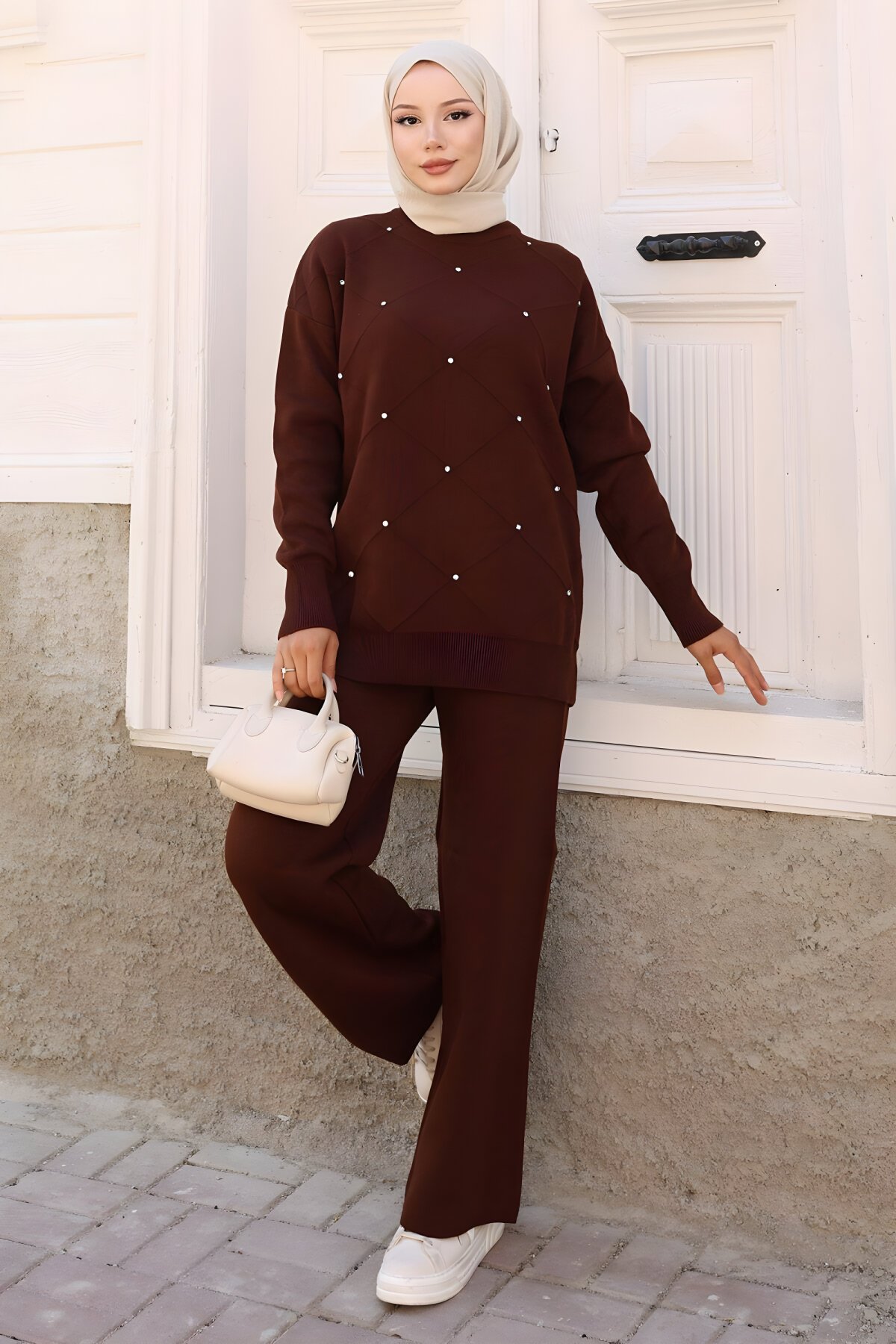 Two-Piece Knit Stone Detail Modest Set - Brown - Modamihram