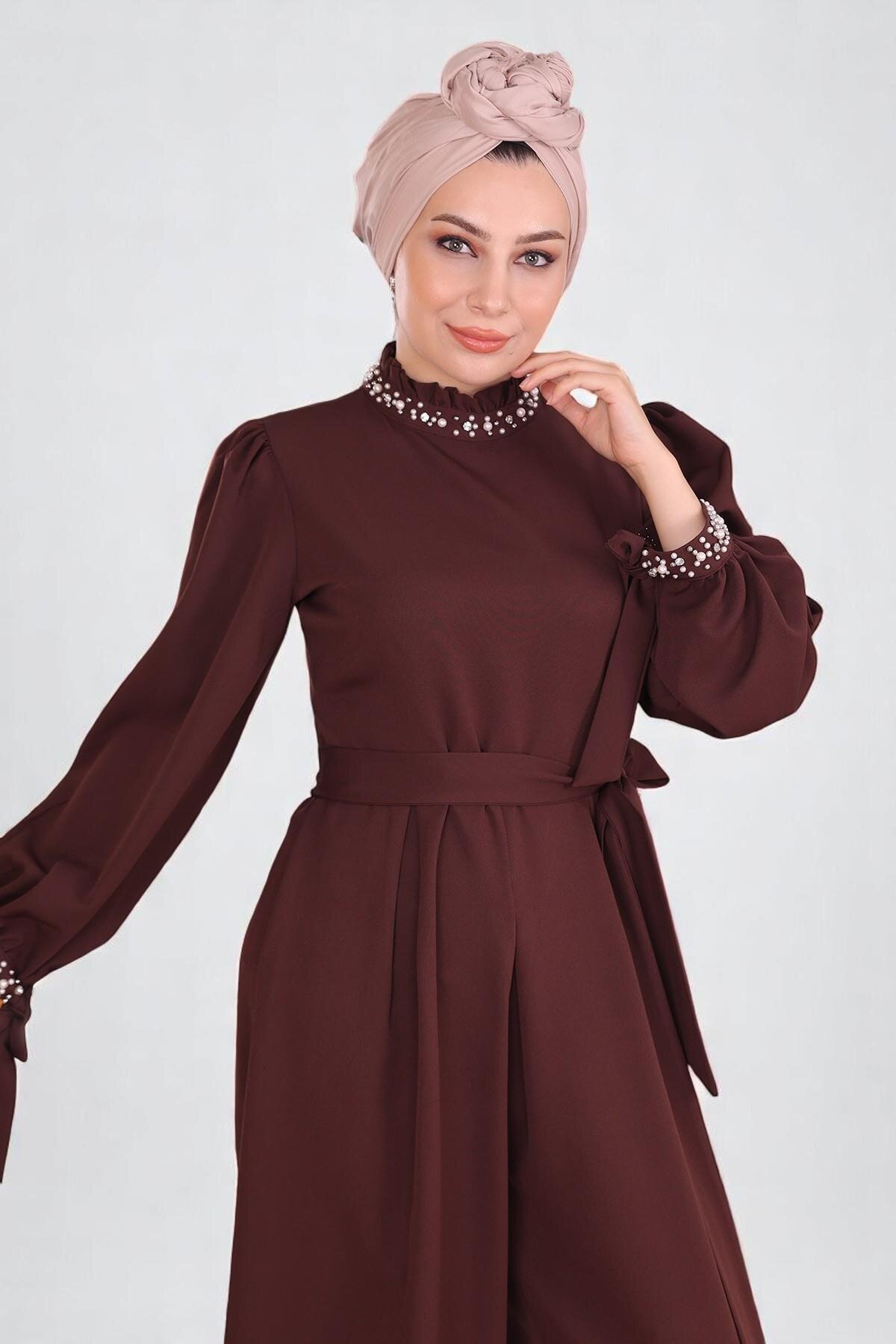 Modest Pearl-Detail Jumpsuit - Brown - Modamihram