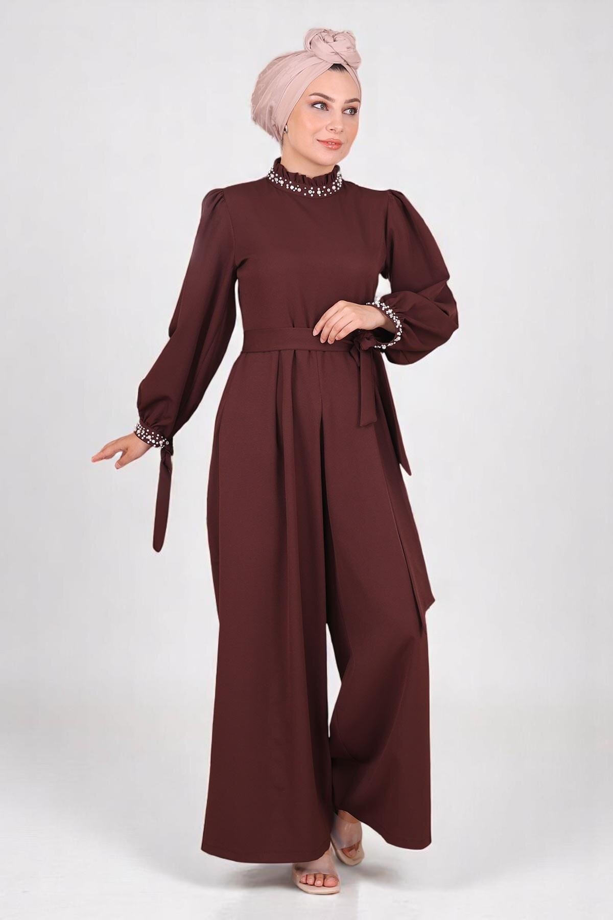 Modest Pearl-Detail Jumpsuit - Brown - Modamihram