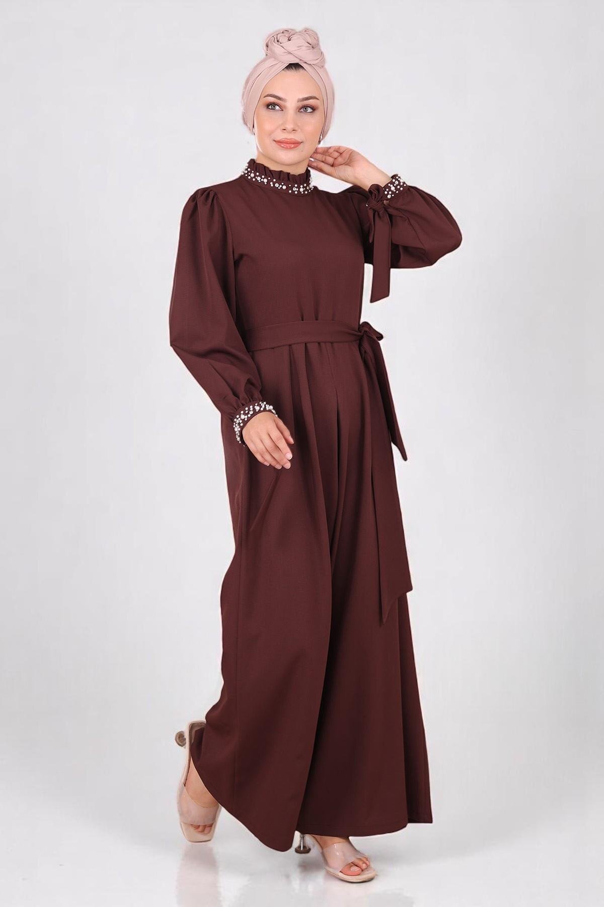 Modest Pearl-Detail Jumpsuit - Brown - Modamihram