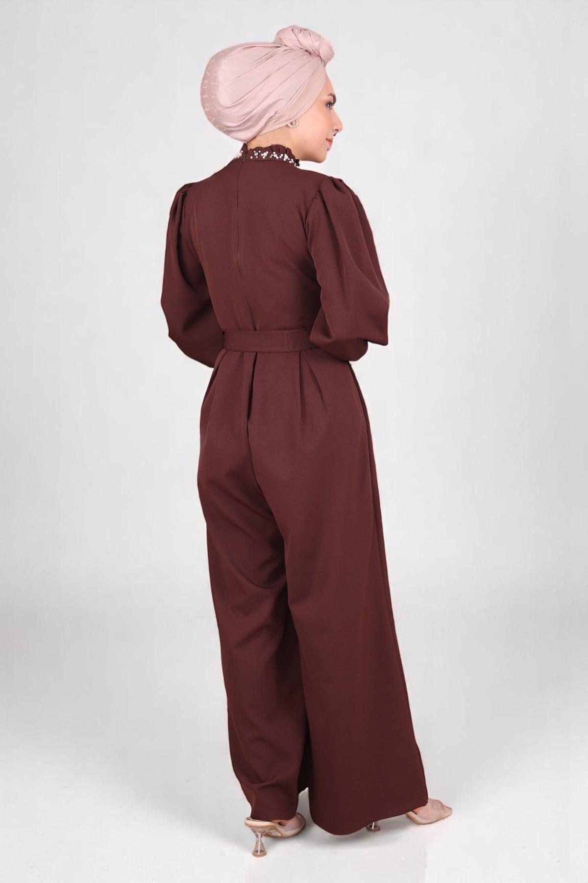 Modest Pearl-Detail Jumpsuit - Brown - Modamihram