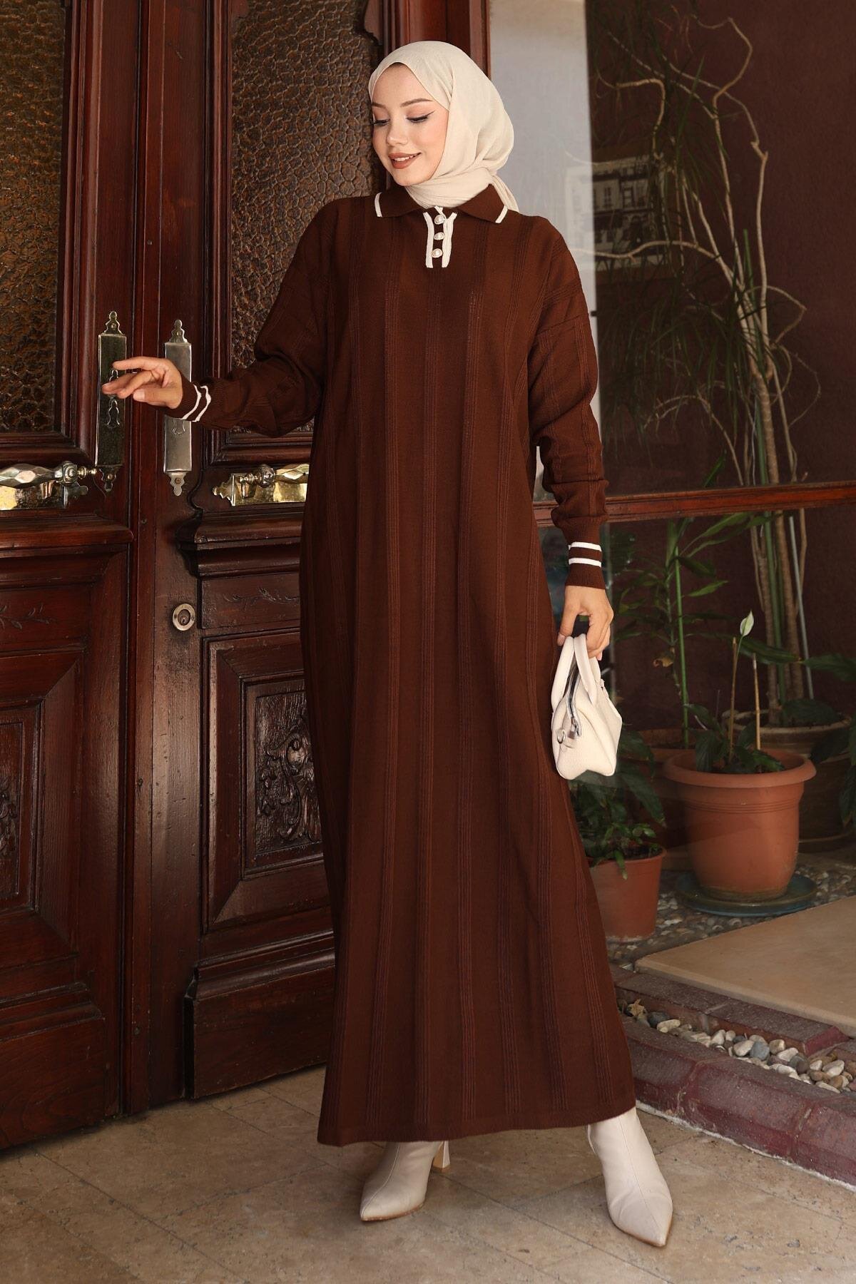 Knit Button-Detail Modest Dress - Brown - Modamihram