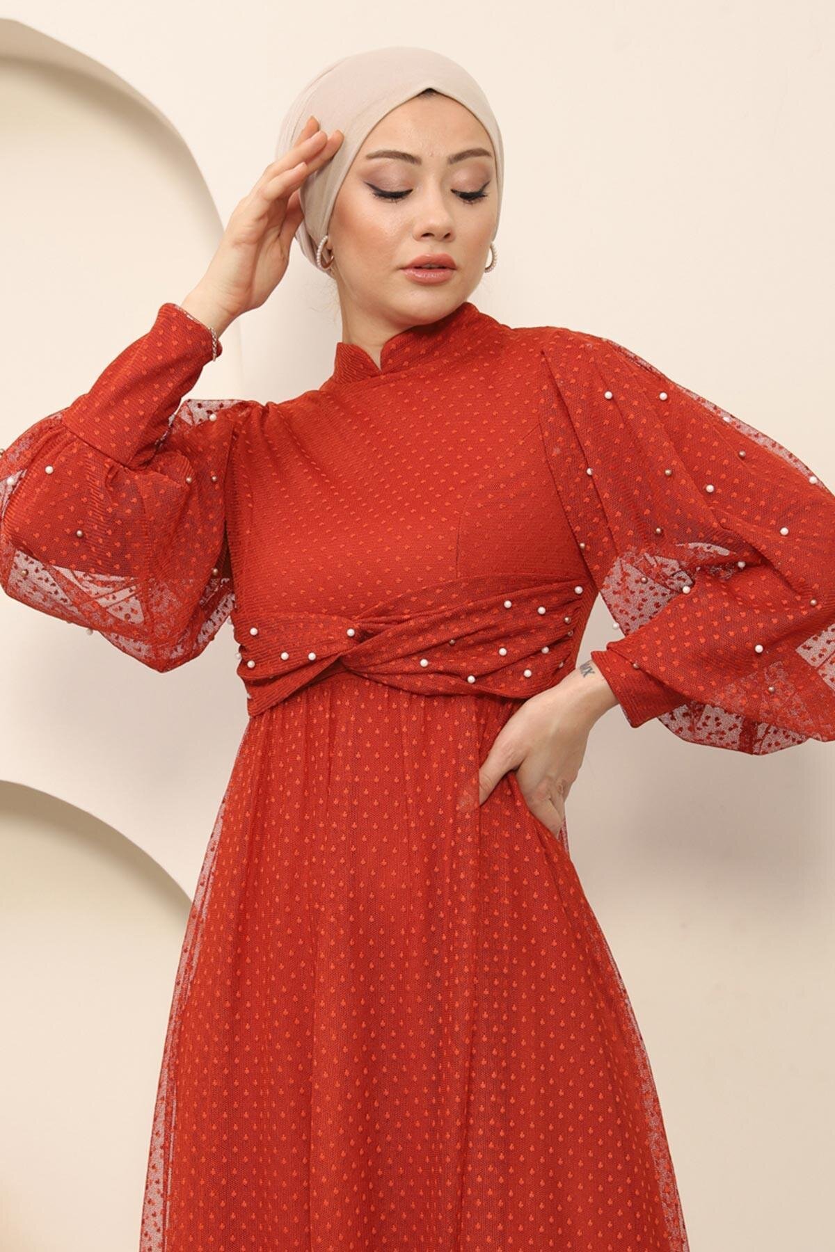 Modest Tulle Pearl Detailed Evening Dress - Terracotta - Modamihram