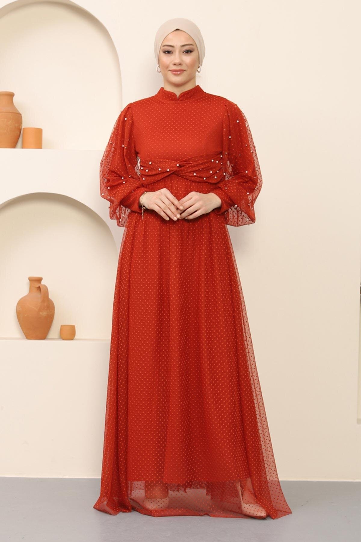 Modest Tulle Pearl Detailed Evening Dress - Terracotta - Modamihram