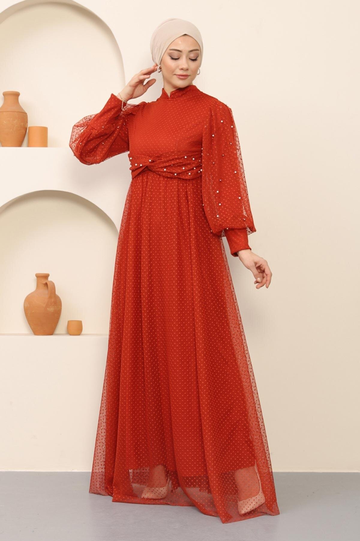 Modest Tulle Pearl Detailed Evening Dress - Terracotta - Modamihram