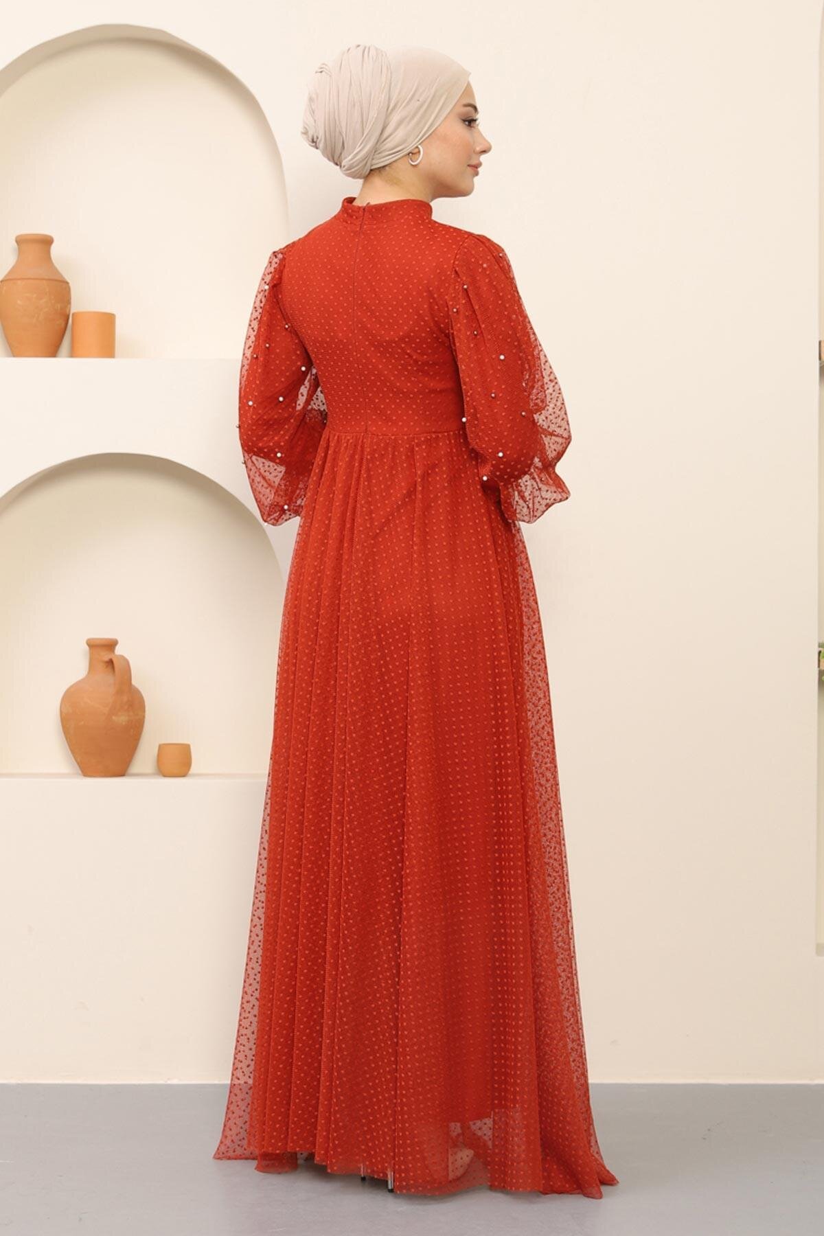 Modest Tulle Pearl Detailed Evening Dress - Terracotta - Modamihram