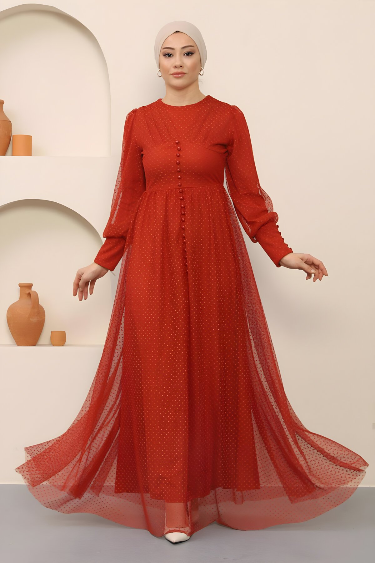 Kiremit Tül Düğme Detaylı Tesettür Abiye Elbise - Modamihram