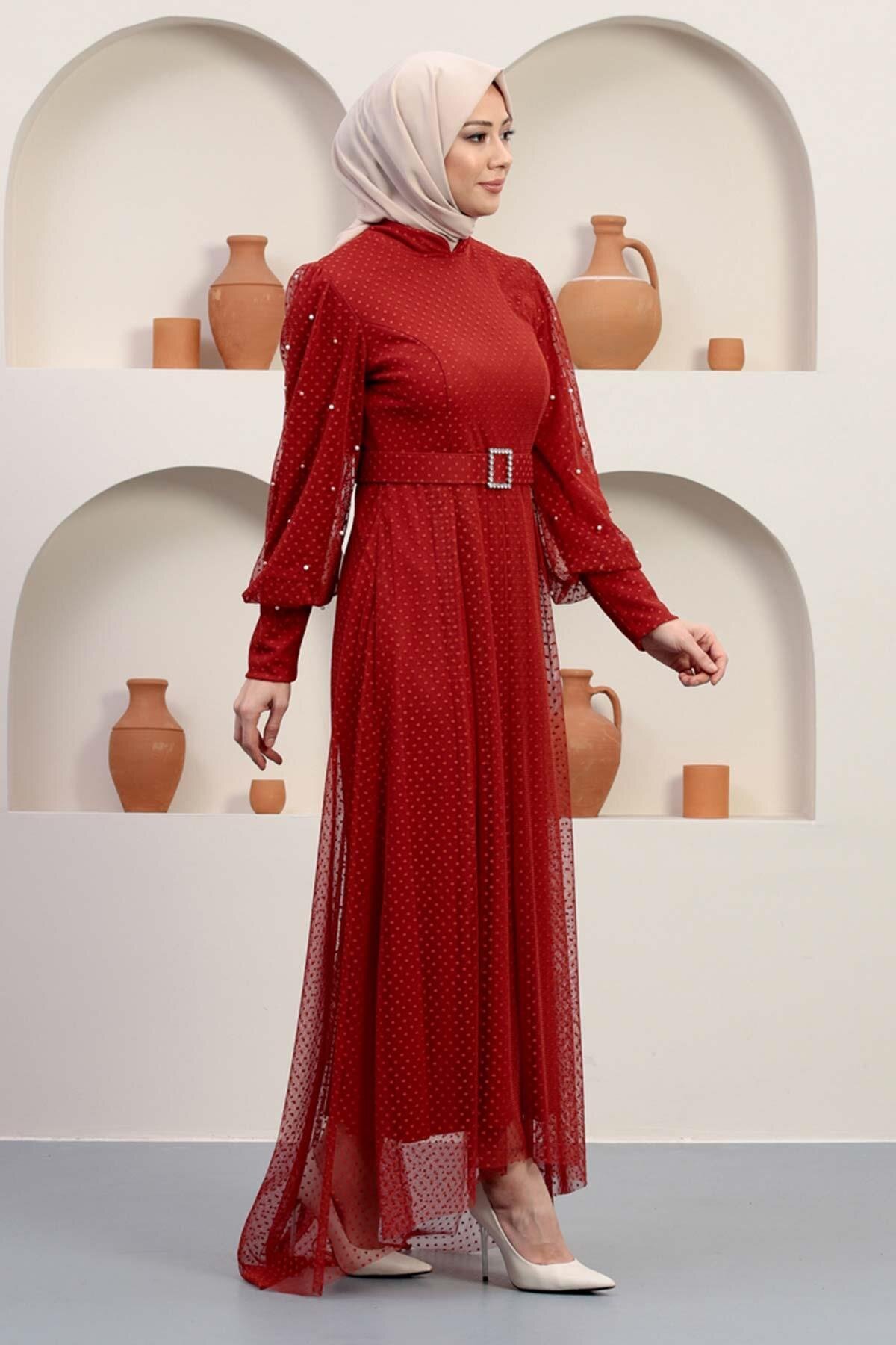 Tulle Stone-Embellished Belt-Detail Modest Evening Dress - Terracotta - Modamihram