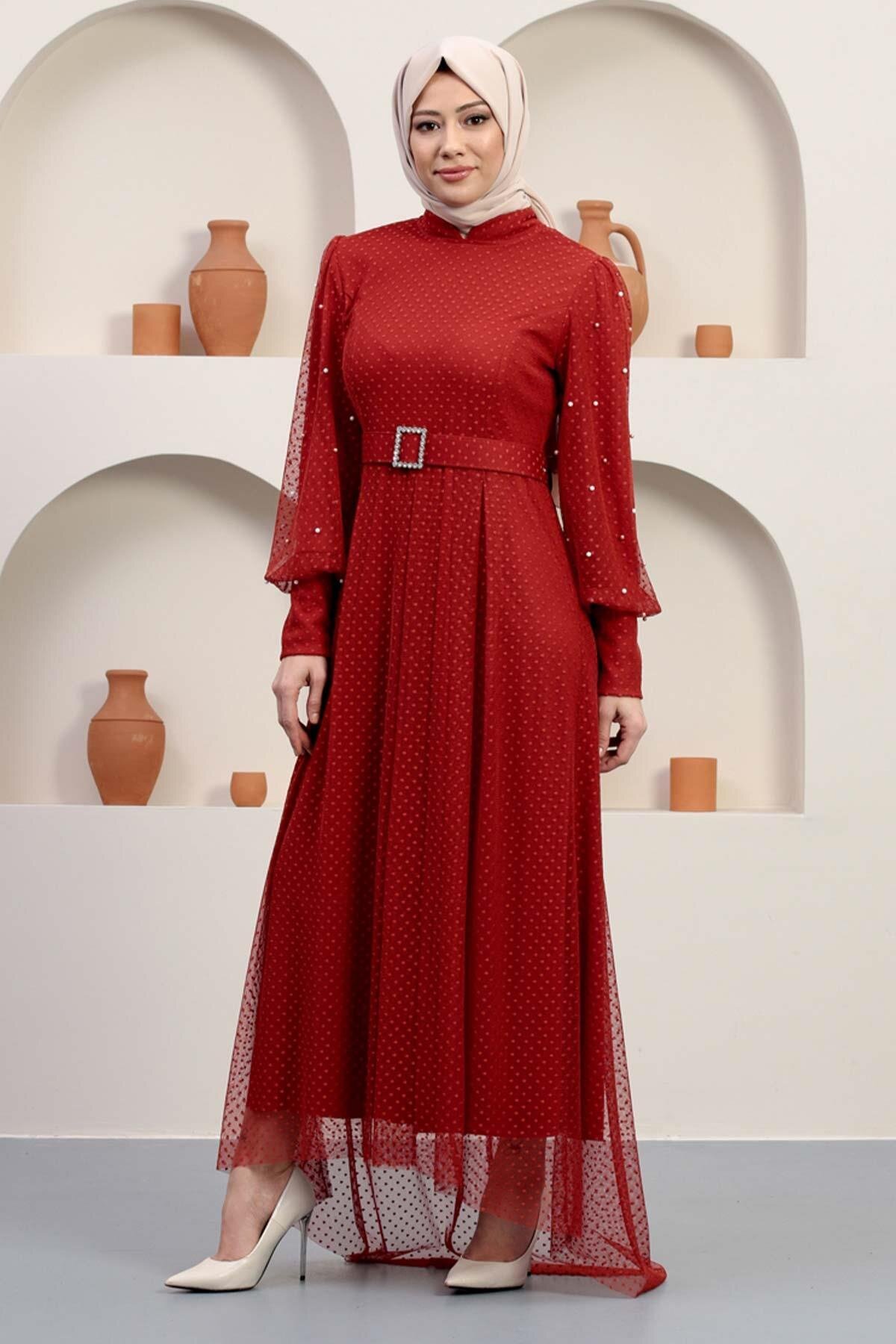 Tulle Stone-Embellished Belt-Detail Modest Evening Dress - Terracotta - Modamihram