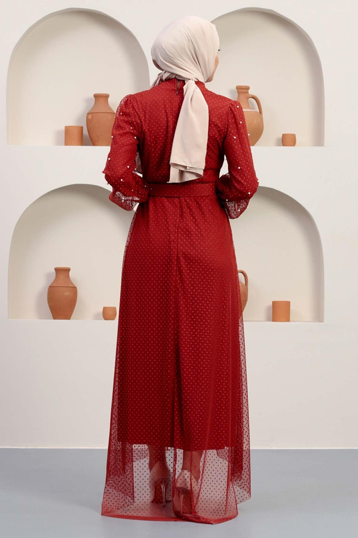 Tulle Stone-Embellished Belt-Detail Modest Evening Dress - Terracotta - Modamihram