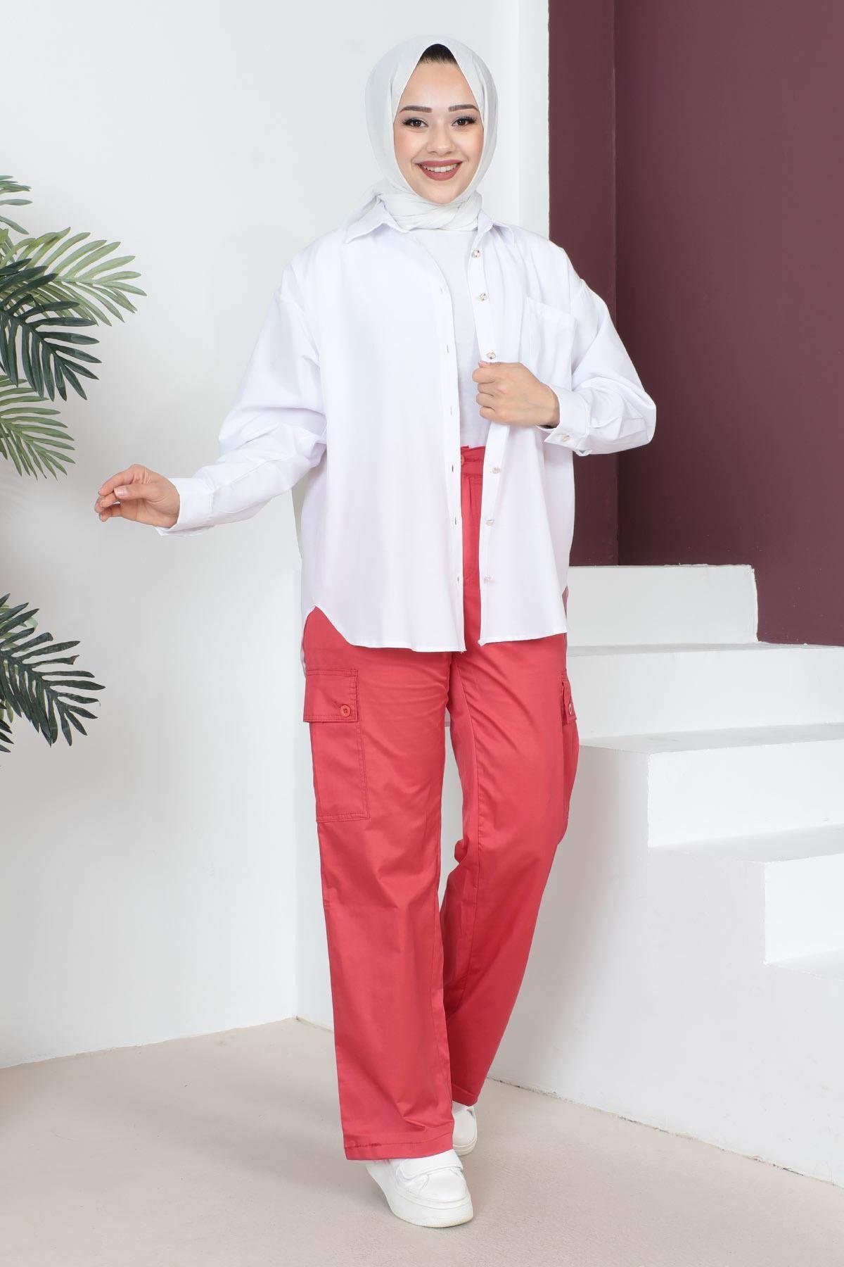 Kırmızı Bol Paça Beli Lastikli Tesettür Pantolon - Modamihram